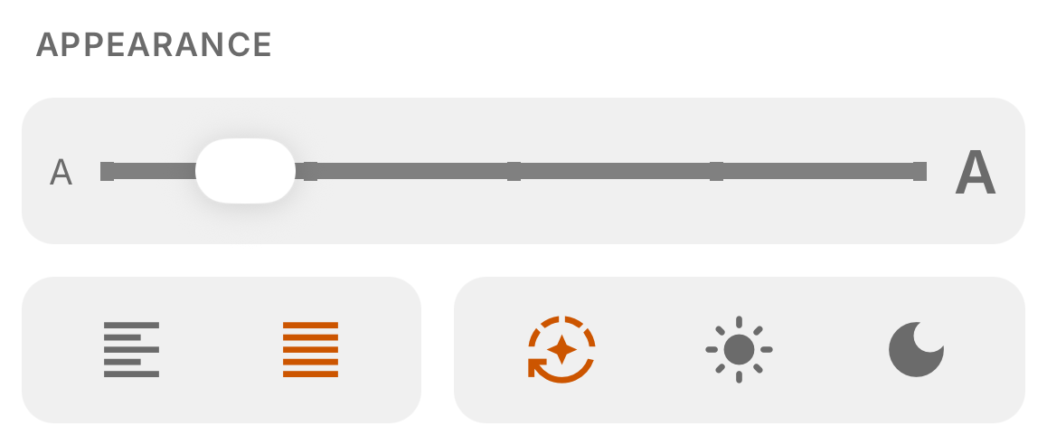 The SoberHub reading appearance sheet: the text size slider, left and justified alignment, and the Auto, Light and Dark themes