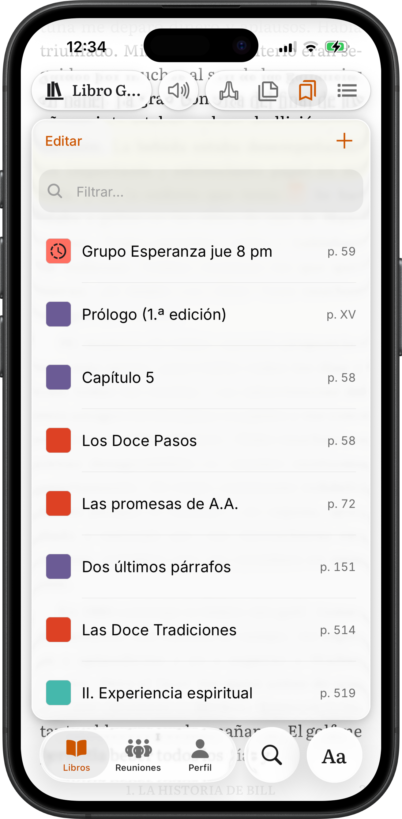 Lista de marcadores codificados por color con un marcador flotante de reunión en SoberHub