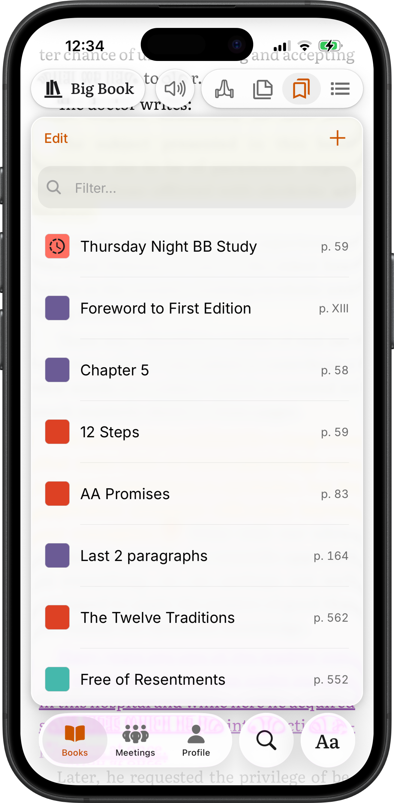 Color-coded bookmarks list with a floating meeting bookmark in SoberHub