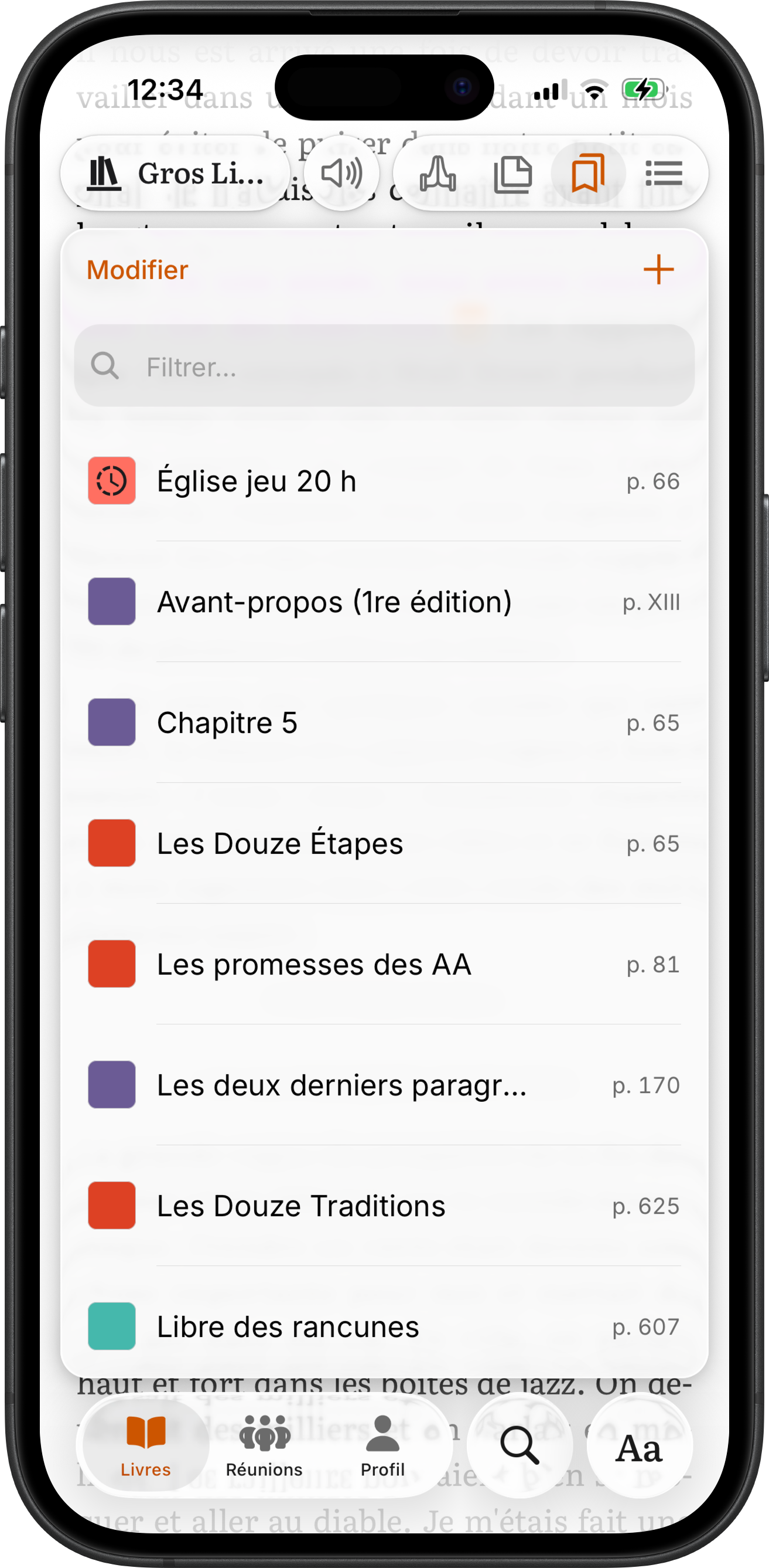 Liste de marque-pages classés par couleur avec un marque-page flottant de réunion dans SoberHub