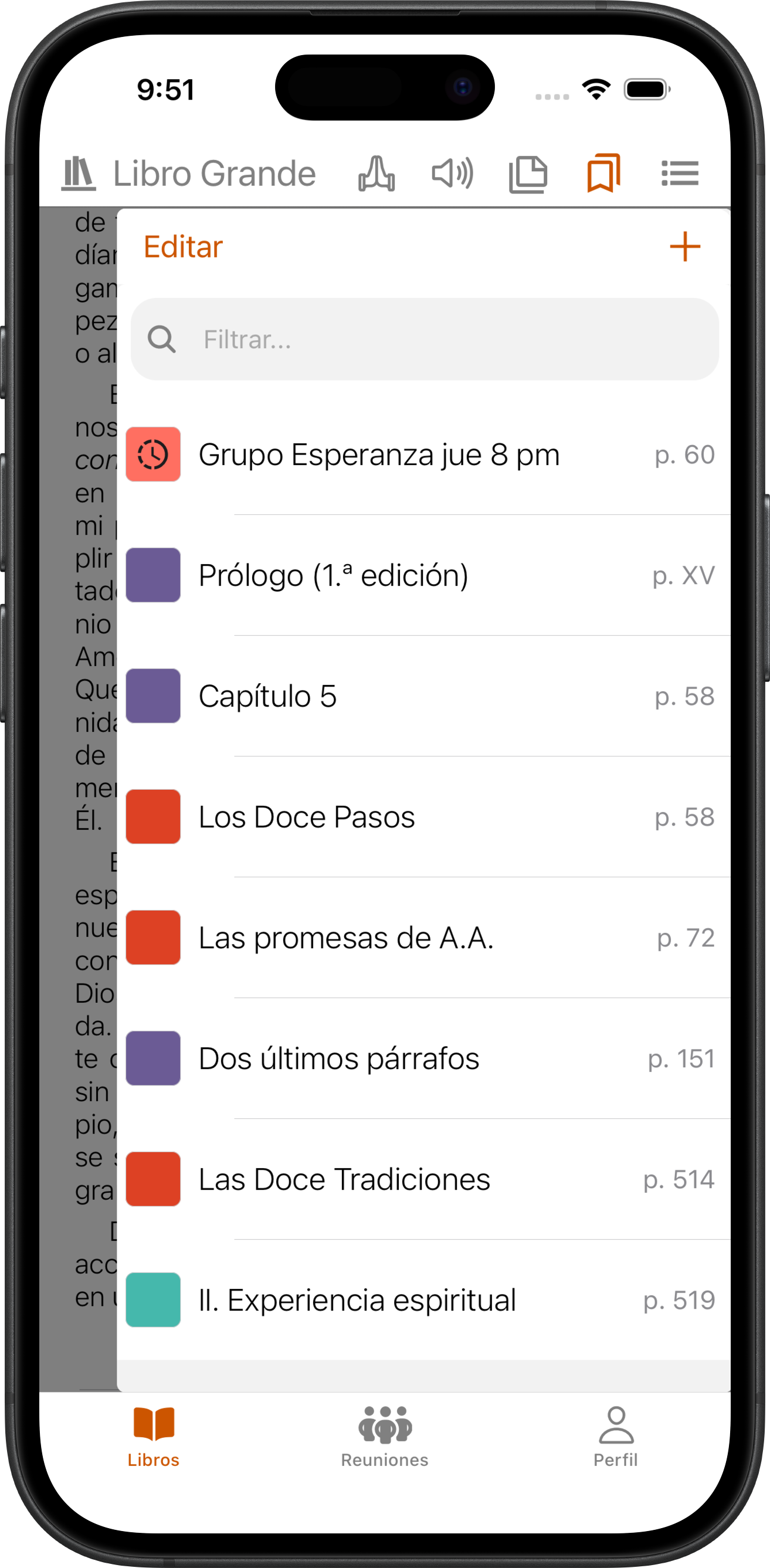 Lista de marcadores codificados por color con un marcador flotante de reunión en SoberHub