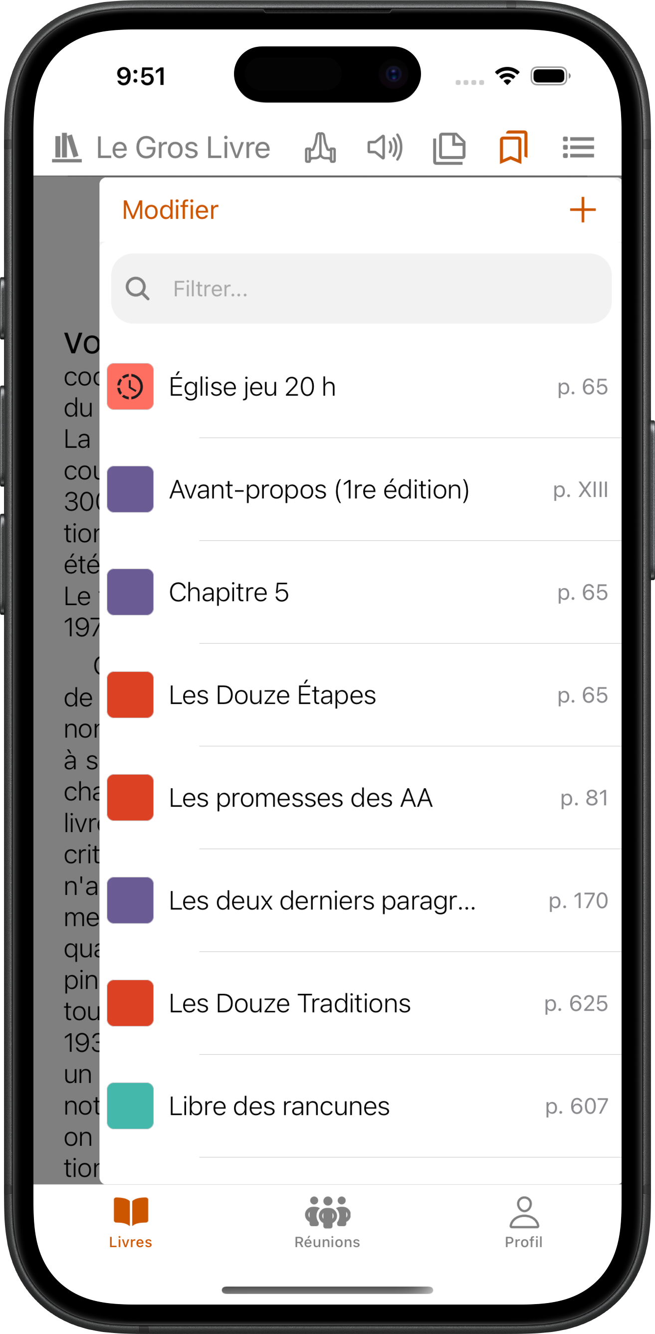 Liste de marque-pages classés par couleur avec un marque-page flottant de réunion dans SoberHub