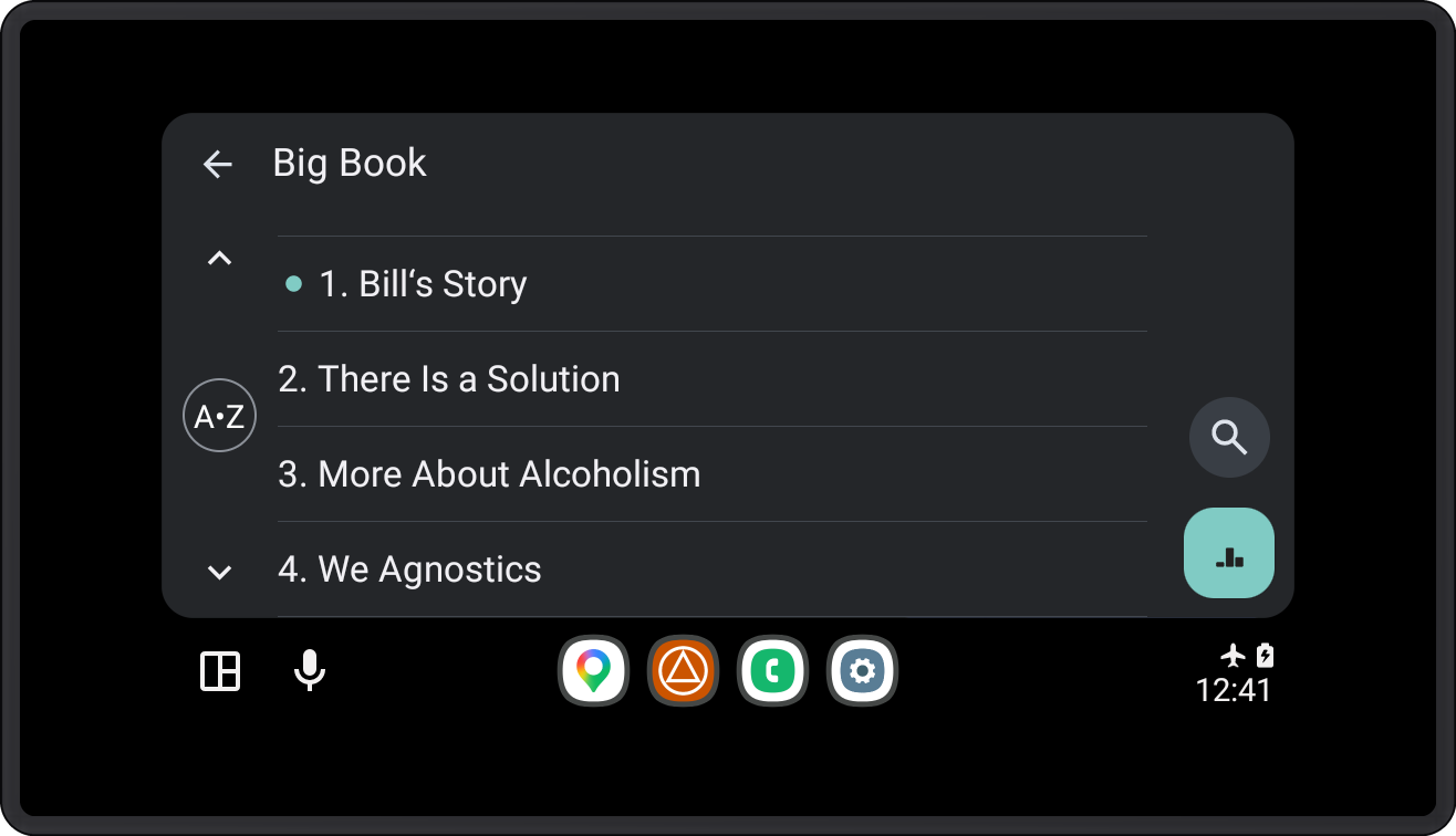 Écran Android Auto affichant la liste des chapitres du Big Book sur SoberHub