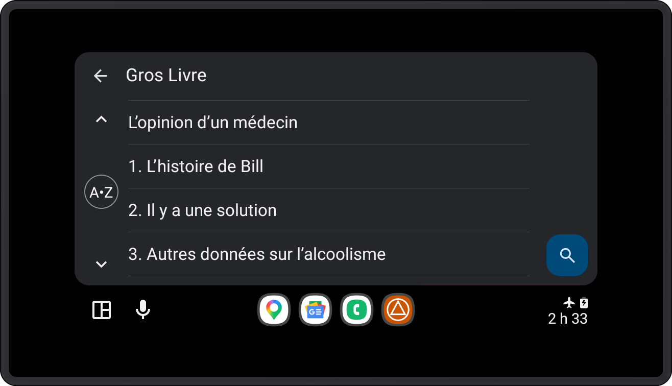 Écran Android Auto affichant la liste des chapitres du Big Book sur SoberHub