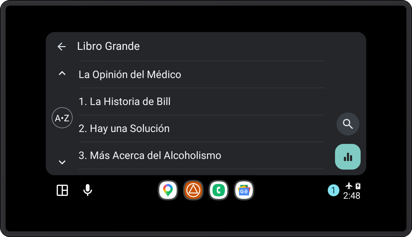 Pantalla de Android Auto mostrando la lista de capítulos del Libro Grande en SoberHub