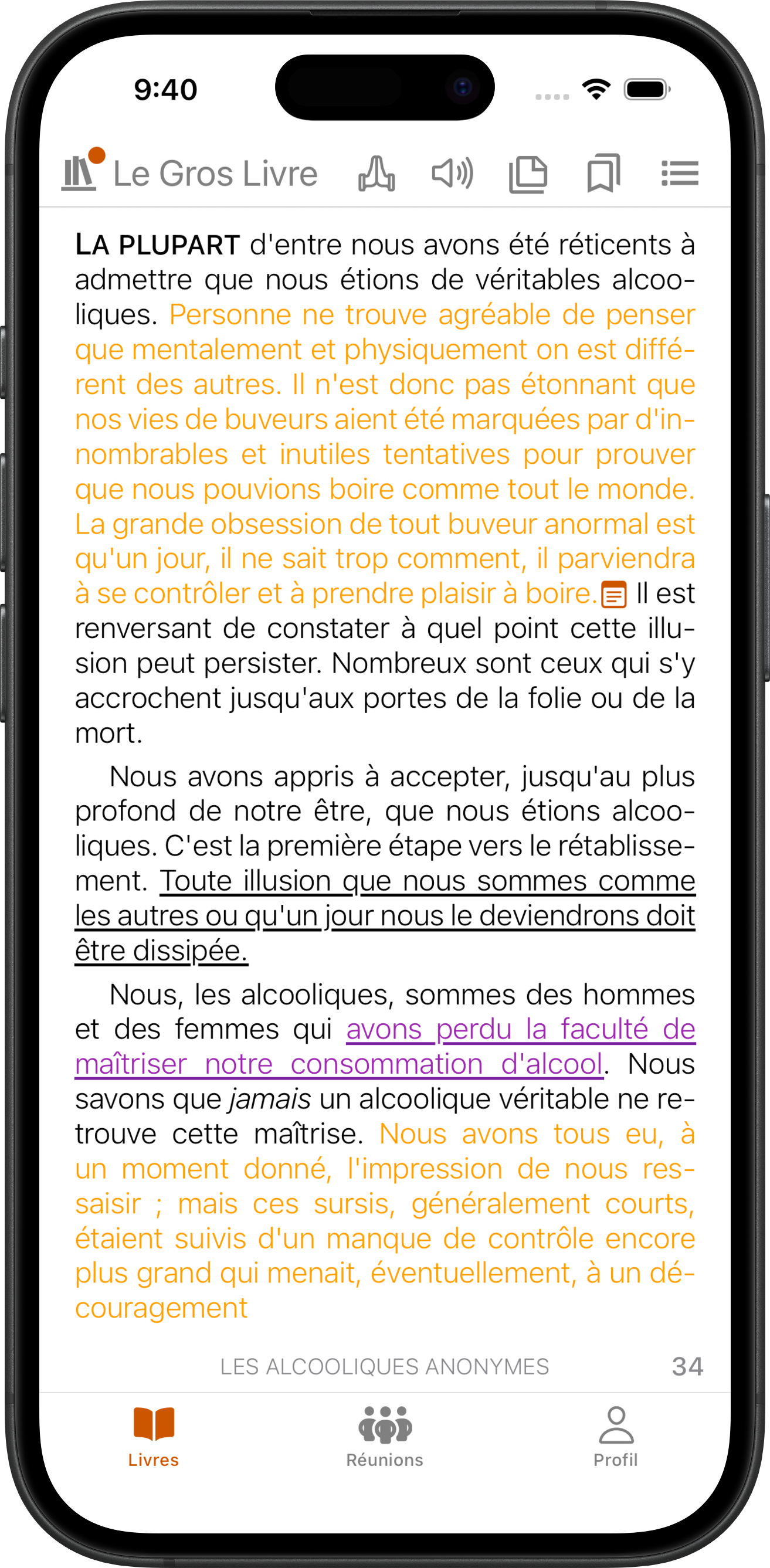 Surlignage d'un passage et ajout d'une note personnelle dans le Big Book sur SoberHub
