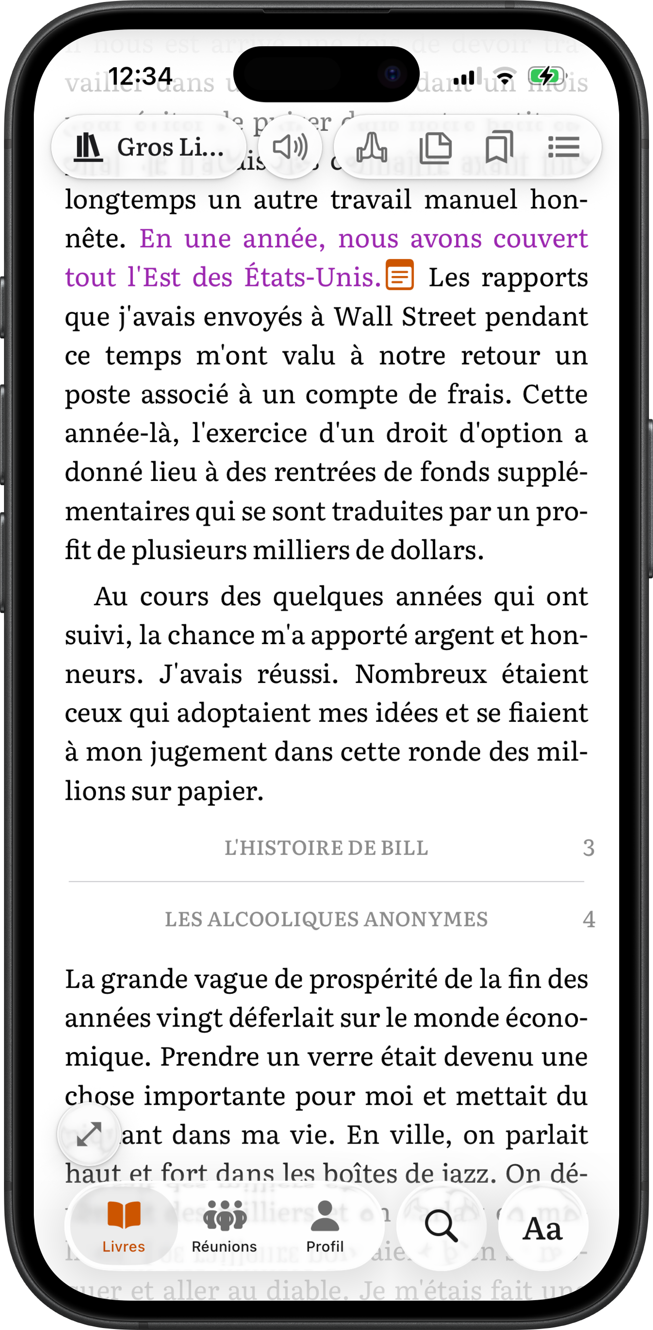 Surlignage d'un passage et ajout d'une note personnelle dans le Big Book sur SoberHub