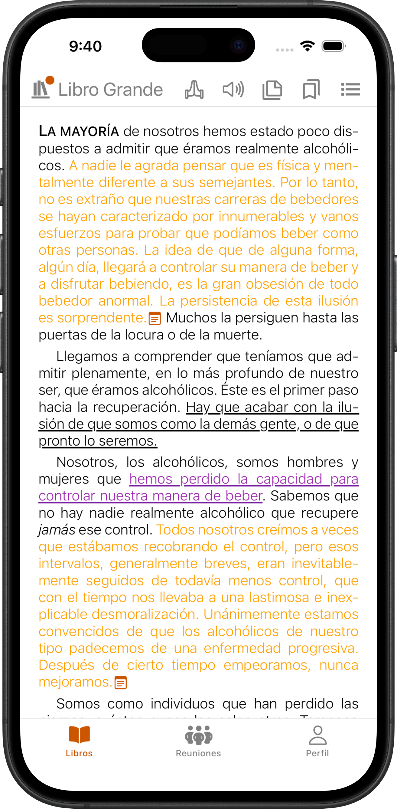 Resaltando un pasaje y agregando una nota personal en el Libro Grande en SoberHub