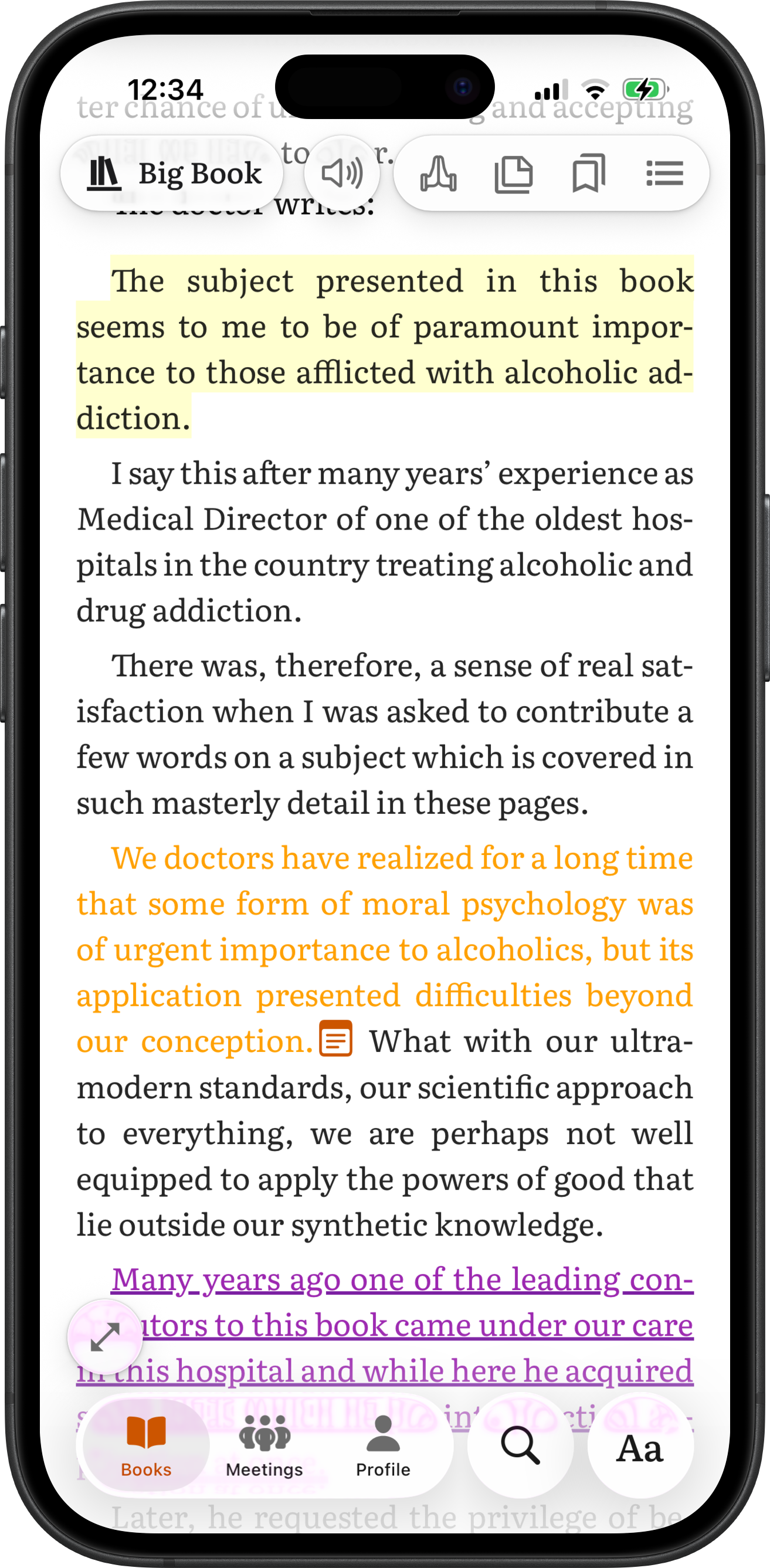 Highlighting a passage and adding a personal note in the Big Book on SoberHub