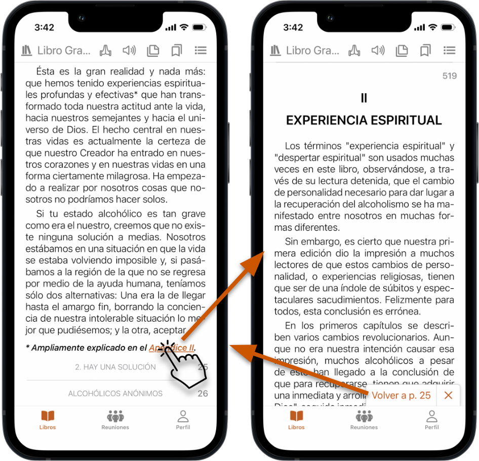 Dos capturas de iPhone que muestran cómo se pulsa un enlace de referencia cruzada en el Libro Grande, llevando de una página a un apéndice con una barra de "Volver"