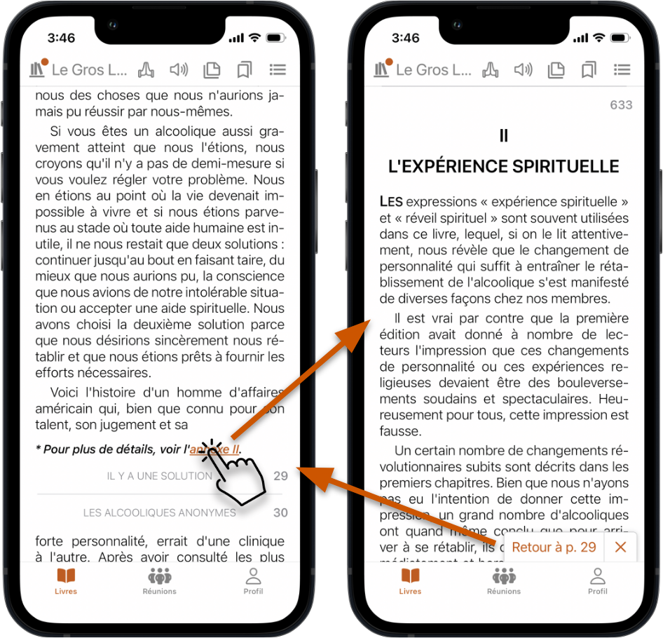 Deux captures d'iPhone montrant un lien de référence croisée du Big Book qui, une fois touché, mène d'une page à une annexe avec une barre Retour