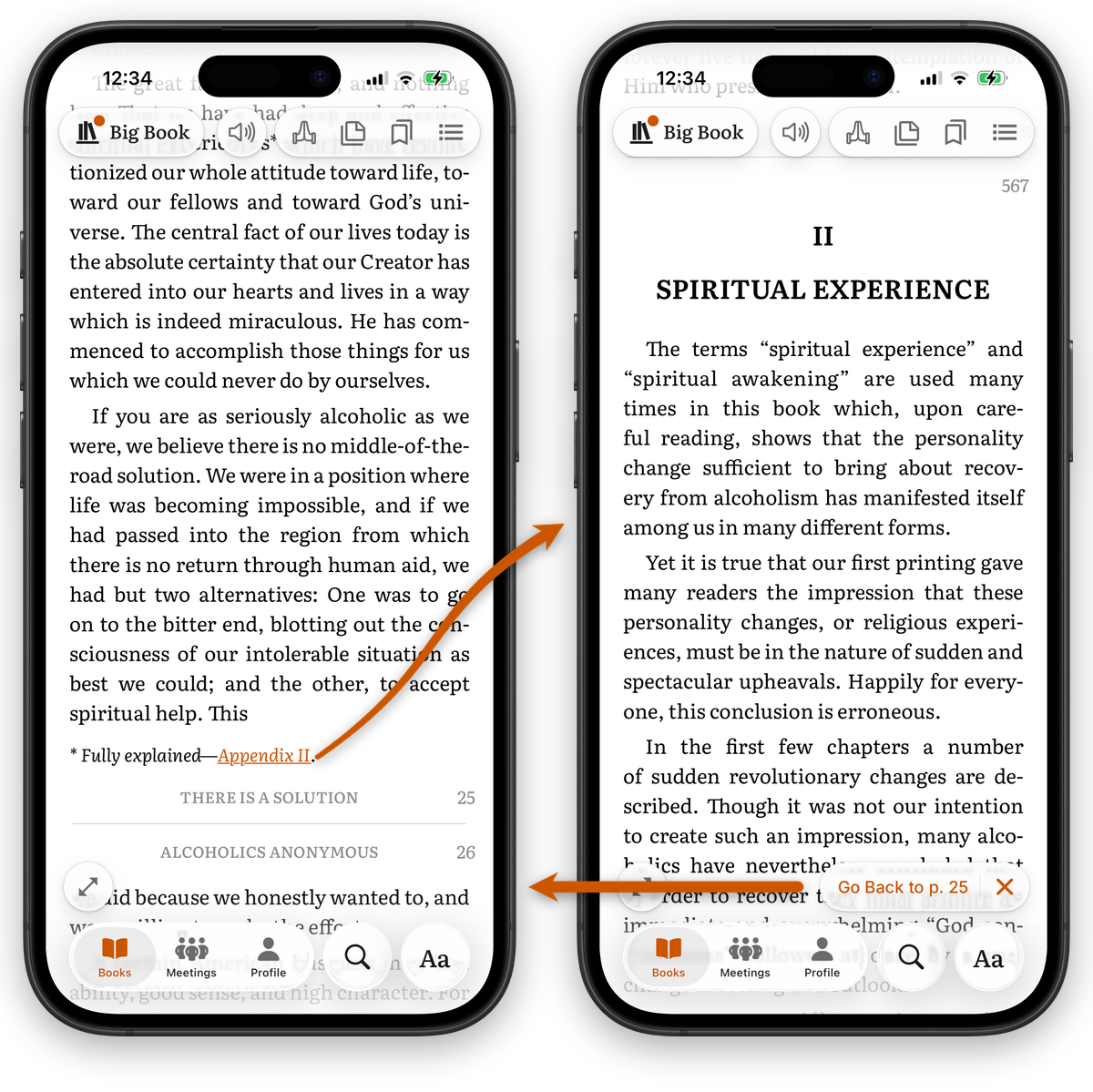 Two iPhone screenshots showing a cross-reference link in the Big Book being tapped, which navigates from one page to an appendix with a Go Back bar