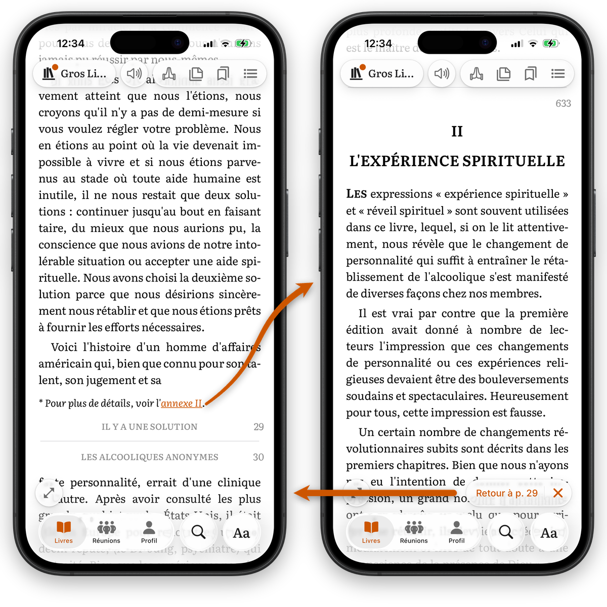 Deux captures d'iPhone montrant un lien de référence croisée du Big Book qui, une fois touché, mène d'une page à une annexe avec une barre Retour