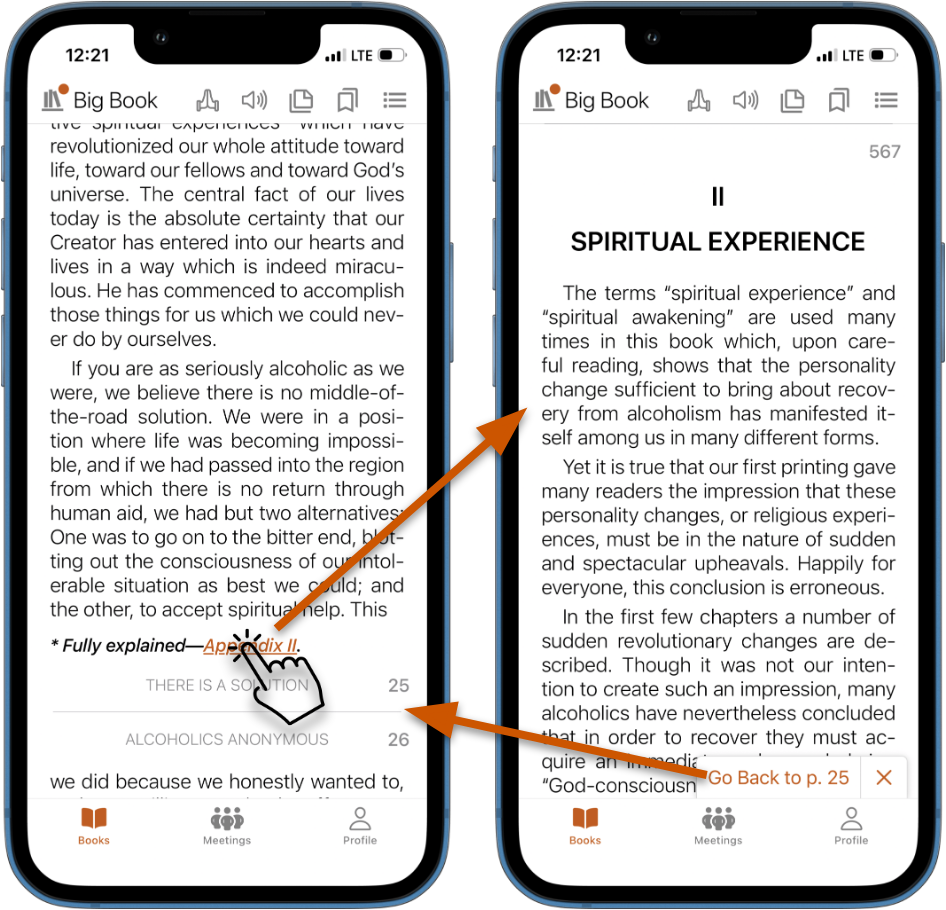 Two iPhone screenshots showing a cross-reference link in the Big Book being tapped, which navigates from one page to an appendix with a Go Back bar