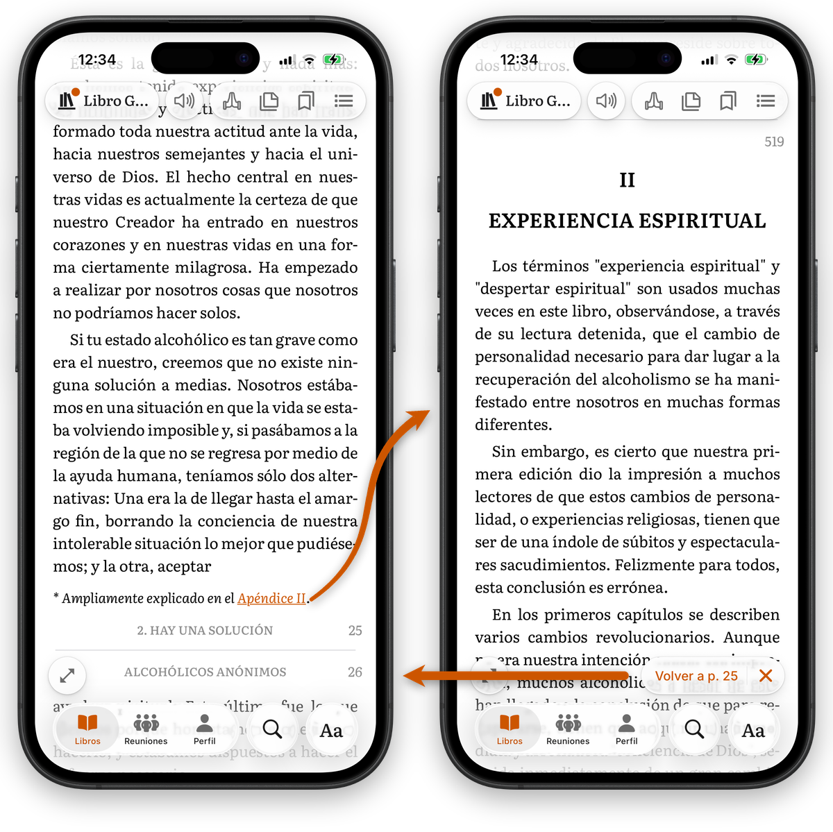 Dos capturas de iPhone que muestran cómo se pulsa un enlace de referencia cruzada en el Libro Grande, llevando de una página a un apéndice con una barra de "Volver"