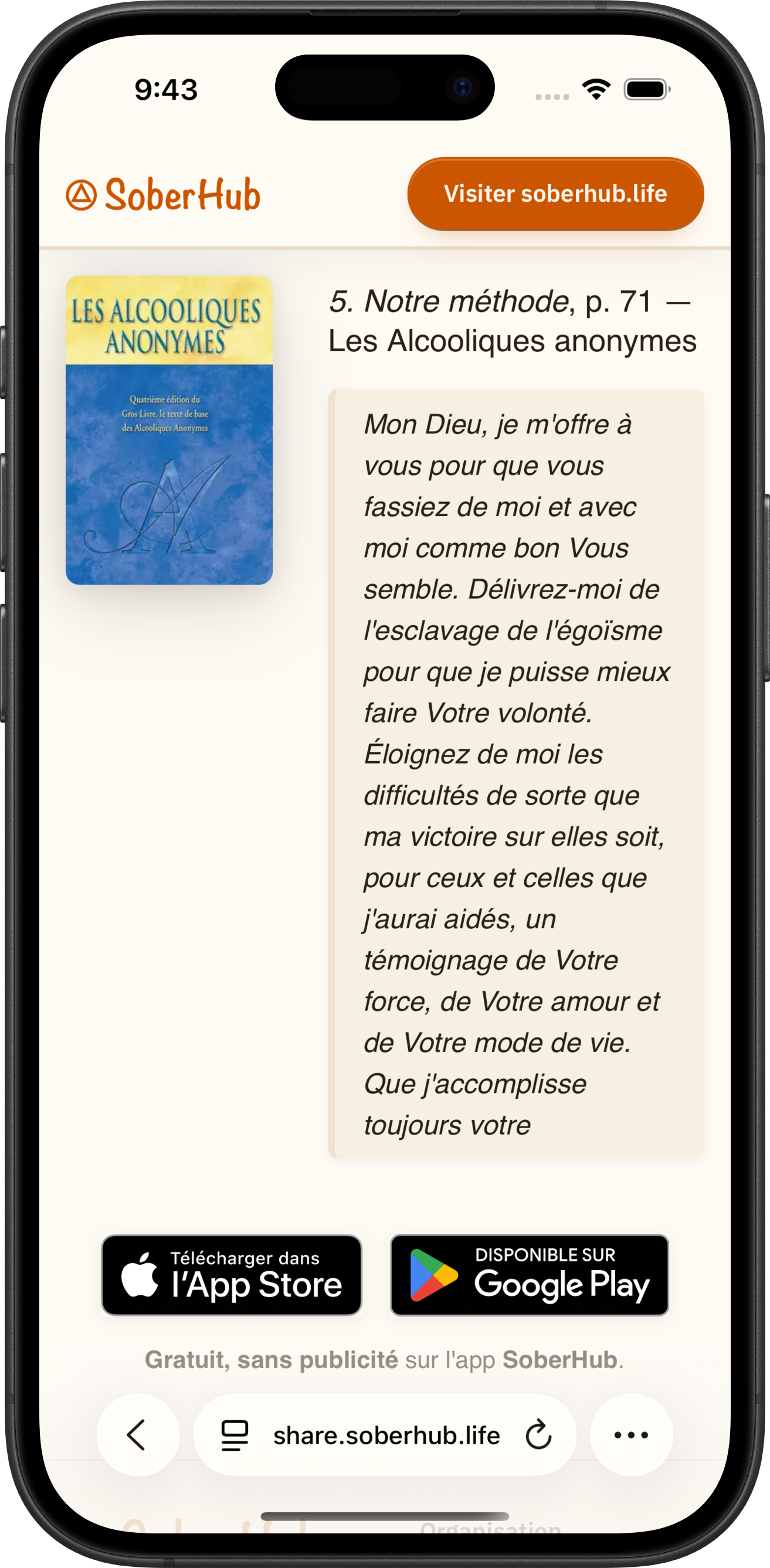 Partage d'un passage du Big Book depuis SoberHub avec aperçu de lien enrichi