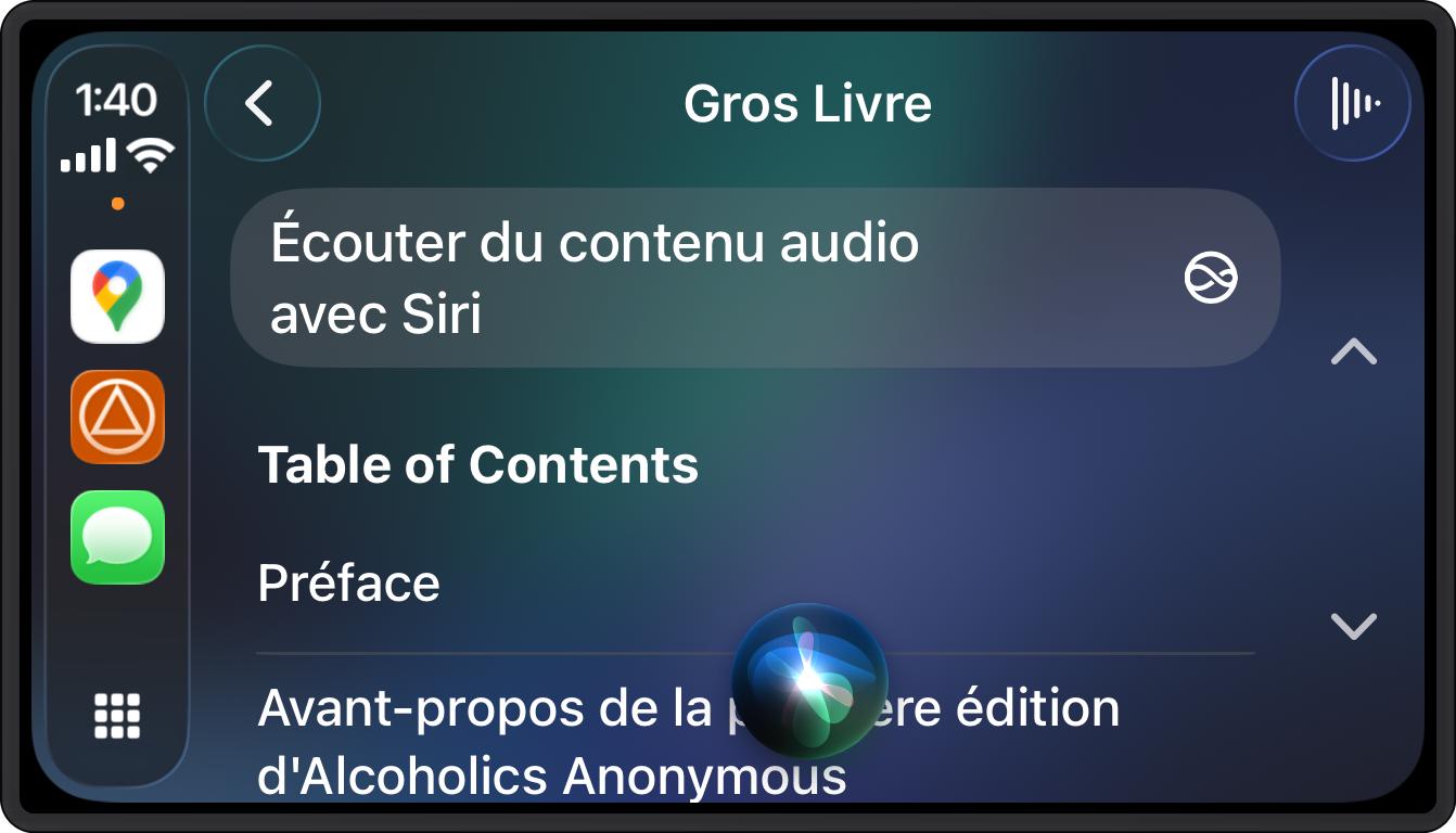 Écran CarPlay sur iPhone affichant Hey Siri en train de jouer un chapitre du Big Book sur SoberHub