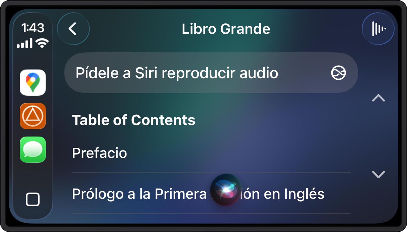 Pantalla de CarPlay en iPhone con Hey Siri reproduciendo un capítulo del Libro Grande en SoberHub
