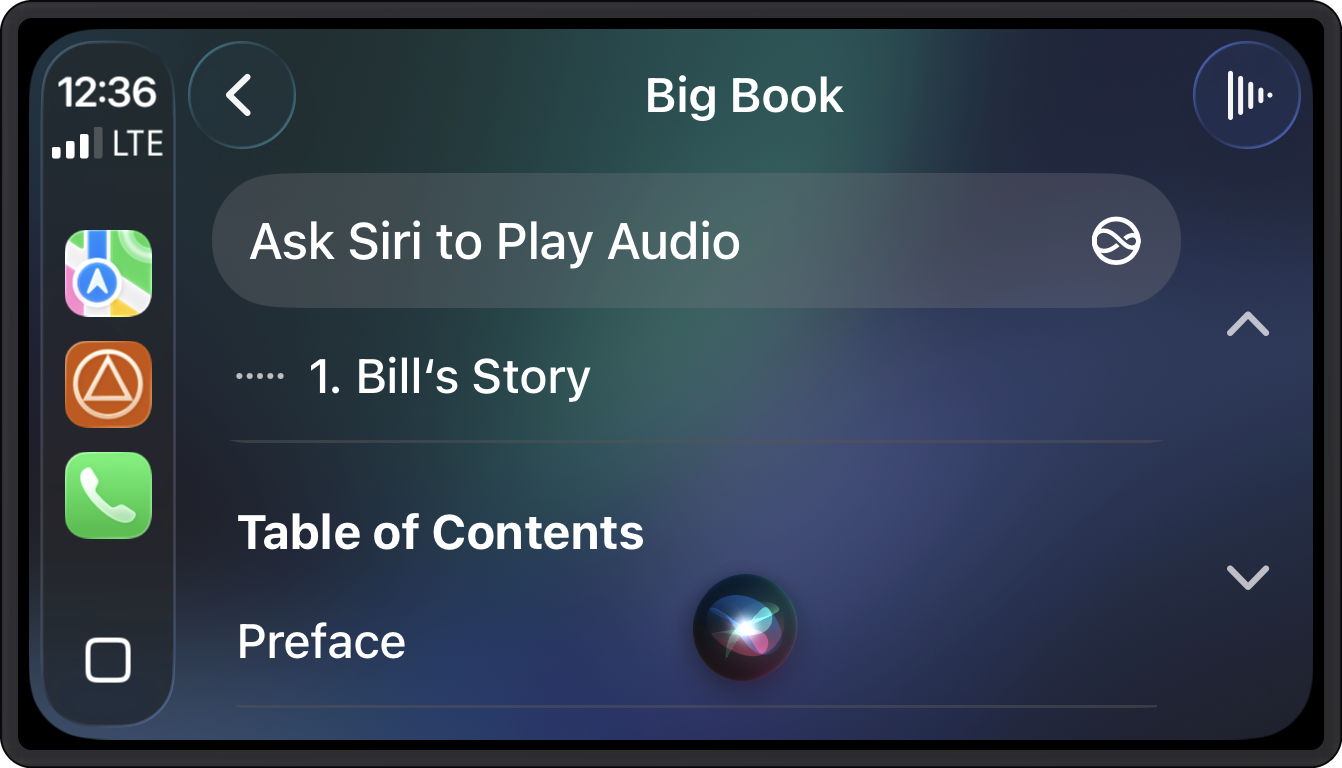 Écran CarPlay sur iPhone affichant Hey Siri en train de jouer un chapitre du Big Book sur SoberHub