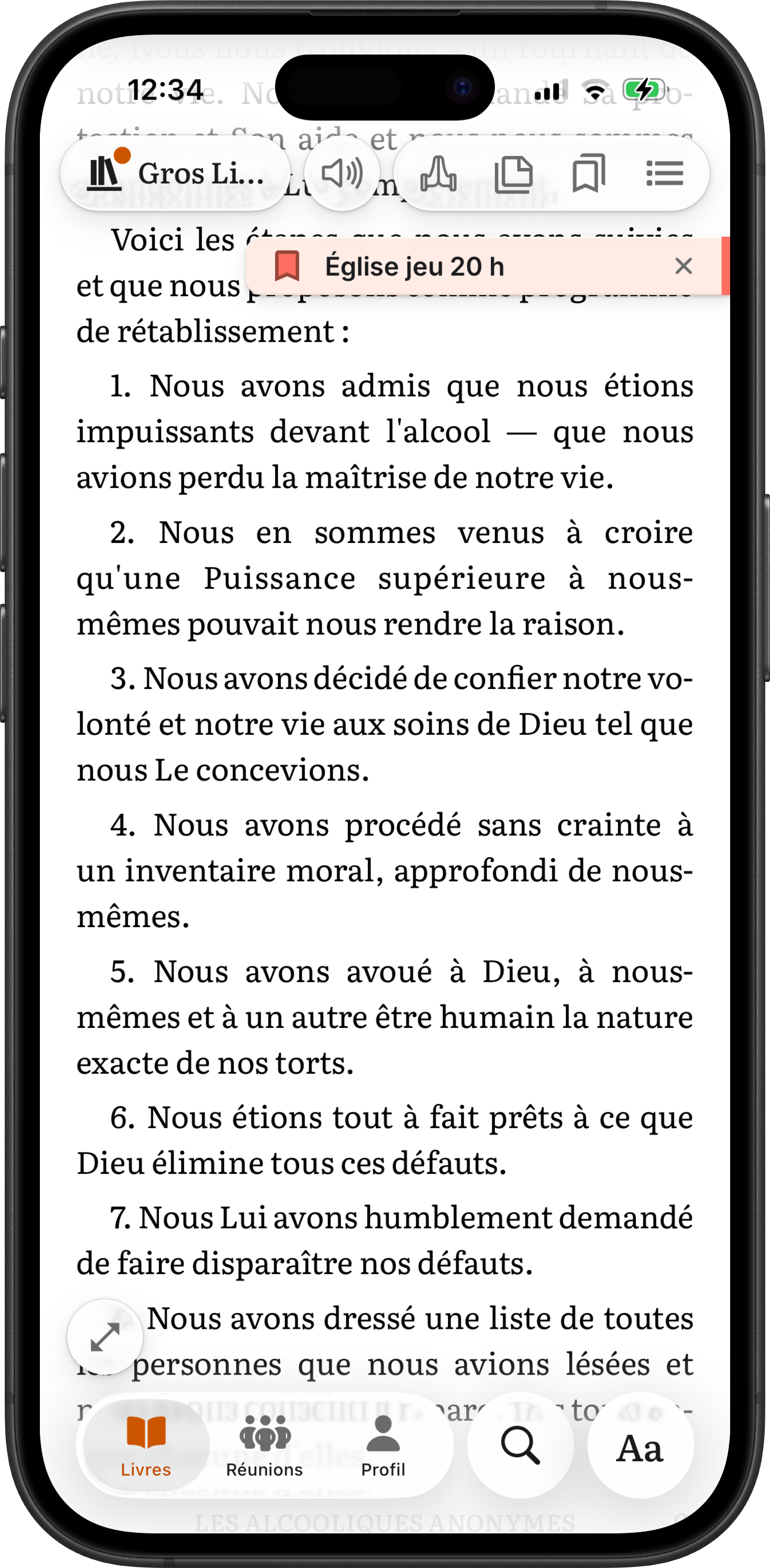 Un marque-page flottant épinglé à une page du Gros Livre dans SoberHub