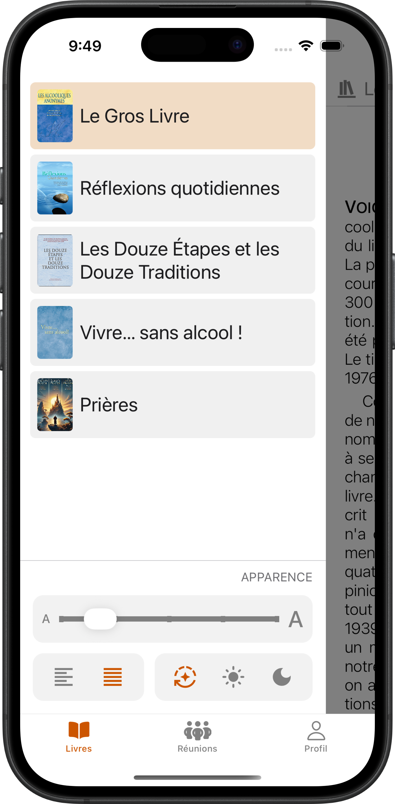 Application SoberHub affichant la bibliothèque de littérature de rétablissement et le menu des livres