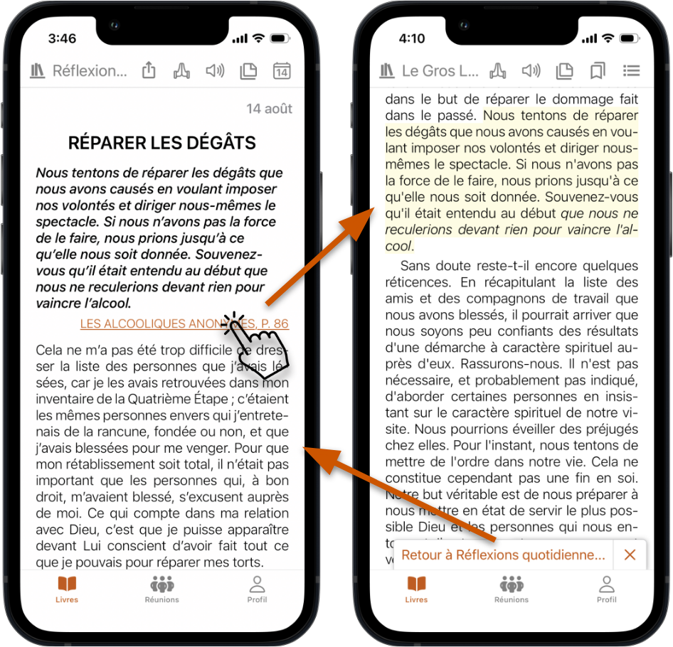 Lien de référence croisée dans les Réflexions Quotidiennes ouvrant un passage du Big Book