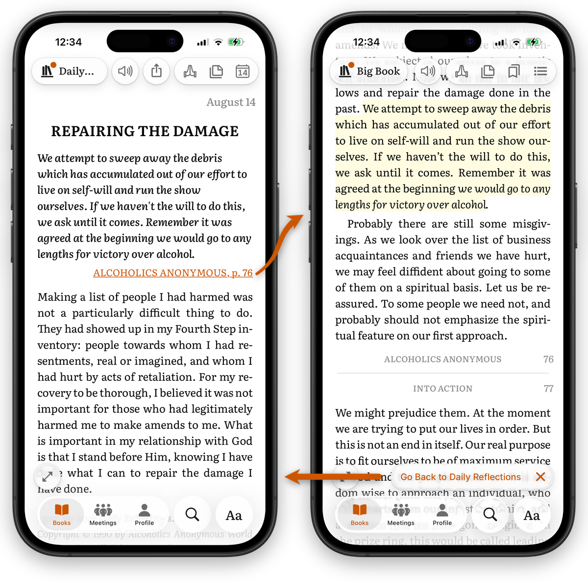 Tapping a cross-reference in Daily Reflections jumps to the Big Book passage