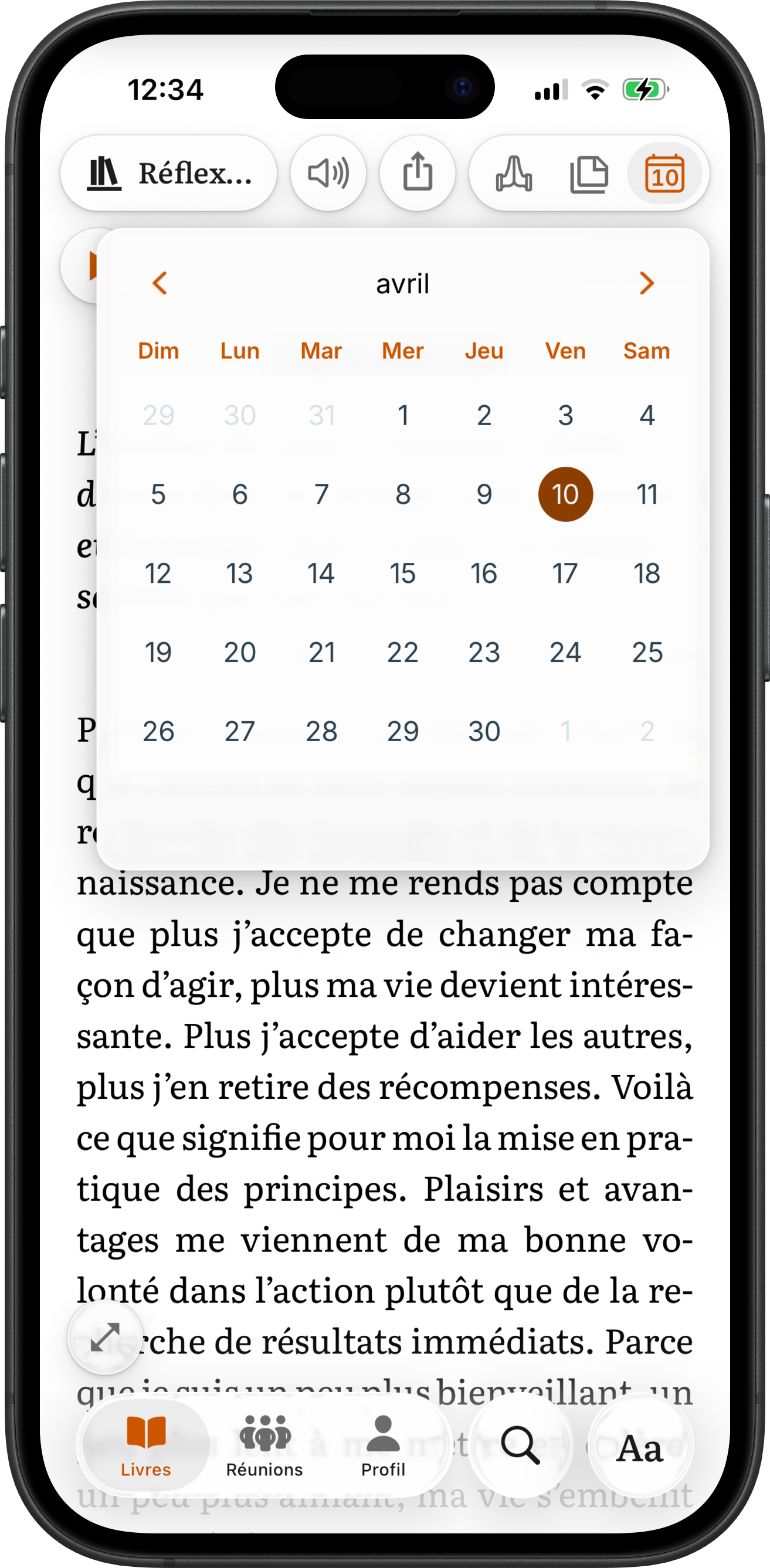 Calendrier des Réflexions quotidiennes sur iPhone dans SoberHub — n'importe quel jour de l'année