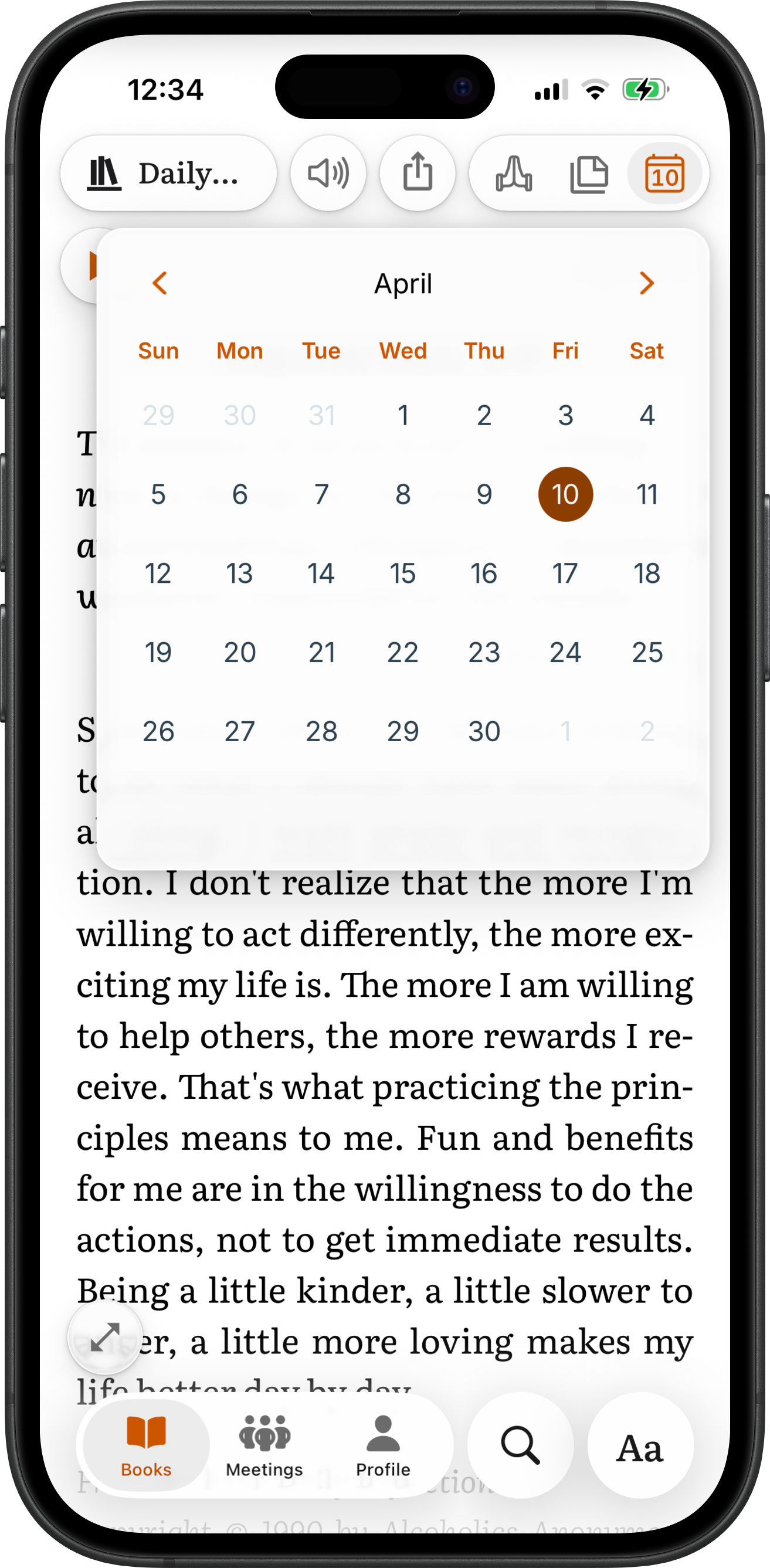 Daily Reflections calendar on iPhone in SoberHub — any day of the year