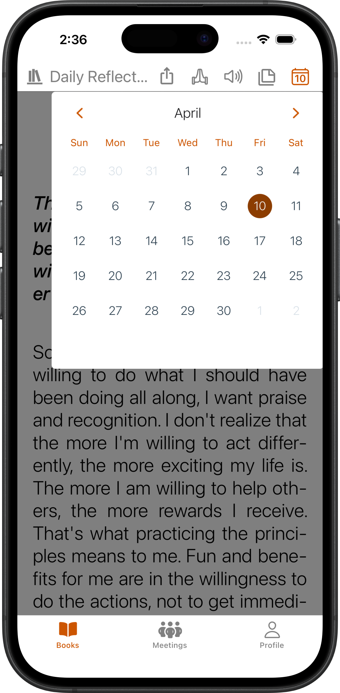 Calendario de Reflexiones Diarias en iPhone en SoberHub — cualquier día del año
