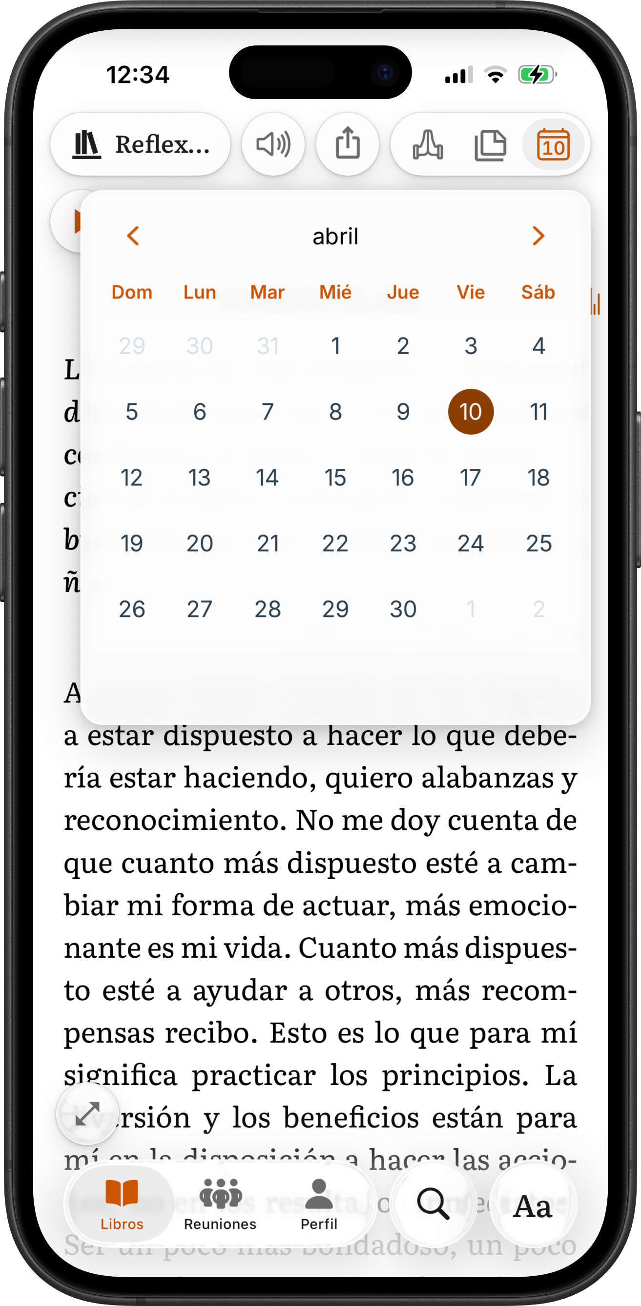 Calendario de Reflexiones Diarias en iPhone en SoberHub — cualquier día del año