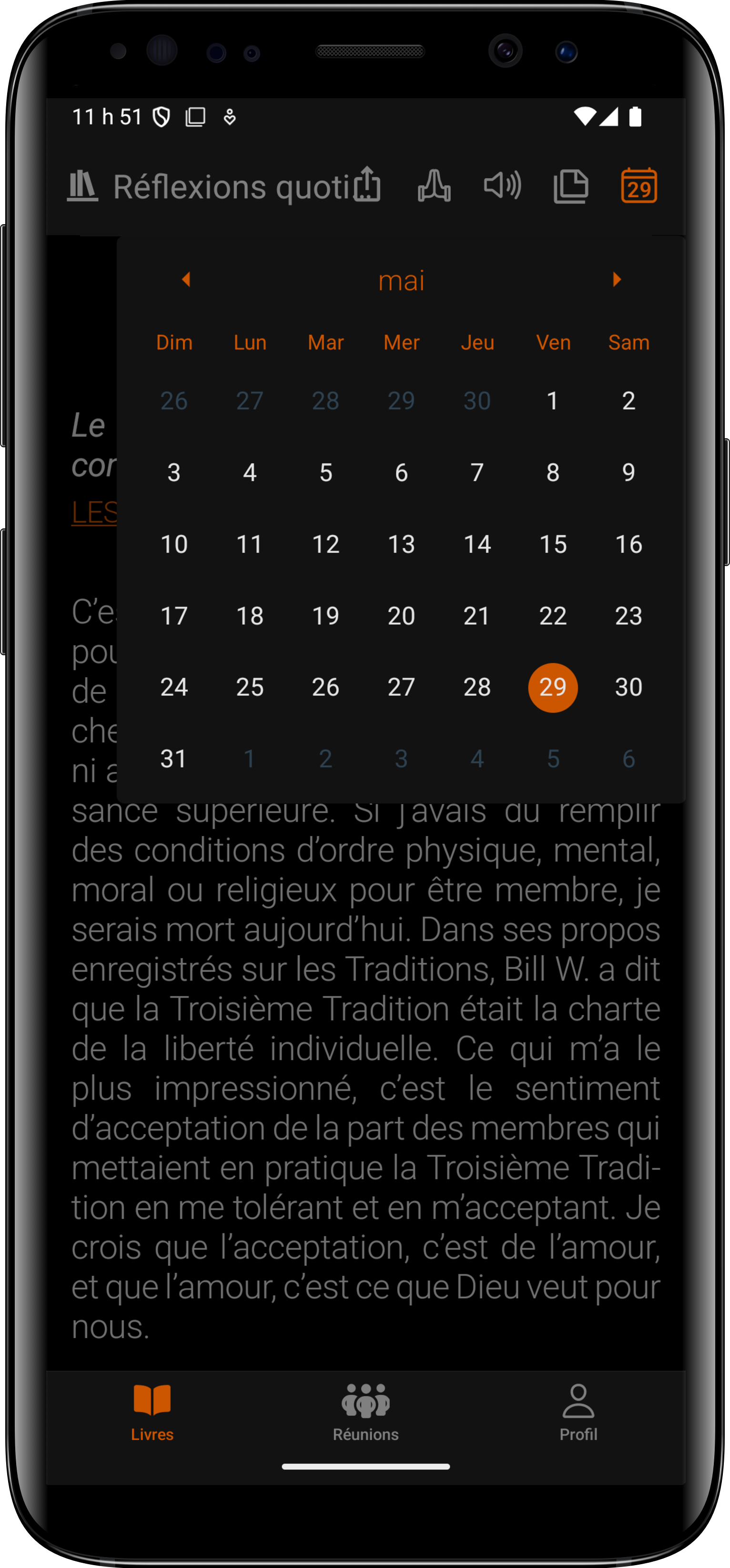 Calendrier des Réflexions quotidiennes sur Android dans SoberHub — n'importe quel jour de l'année