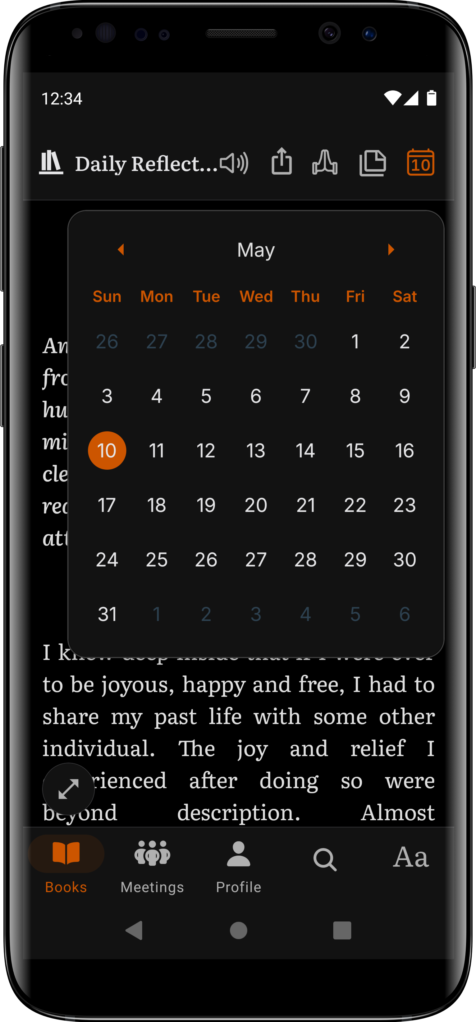 Daily Reflections calendar on Android in SoberHub — any day of the year
