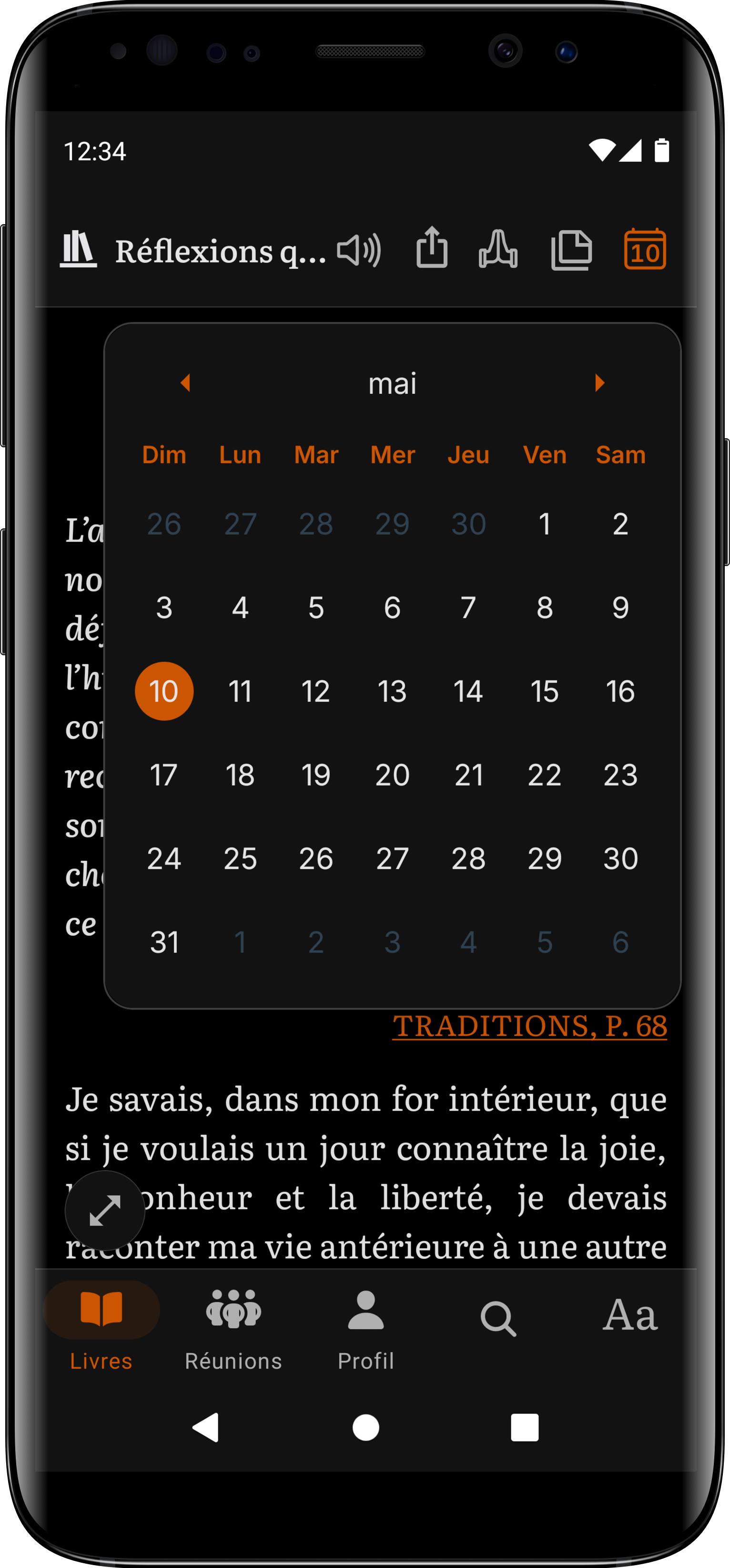 Calendrier des Réflexions quotidiennes sur Android dans SoberHub — n'importe quel jour de l'année