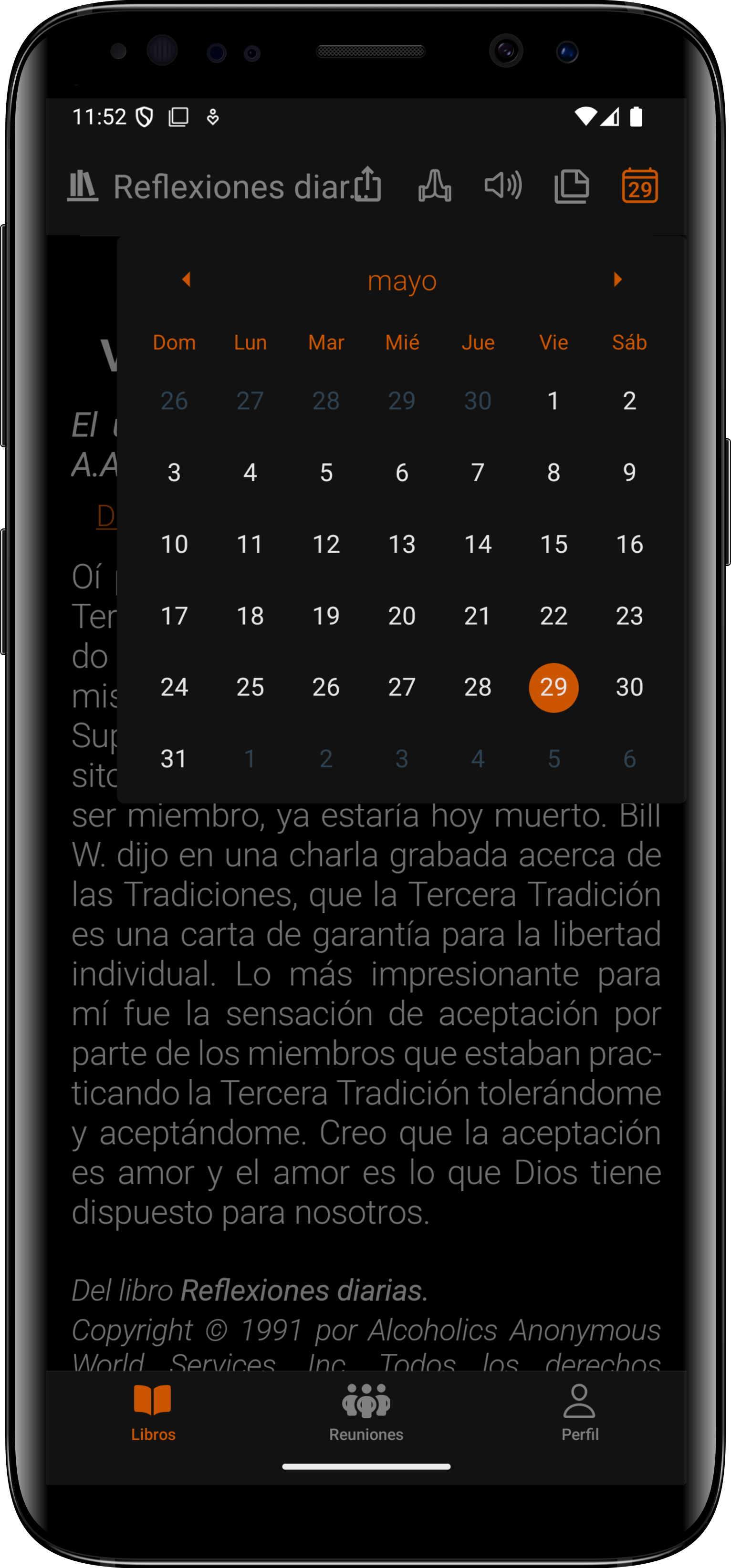 Calendario de Reflexiones Diarias en Android en SoberHub — cualquier día del año