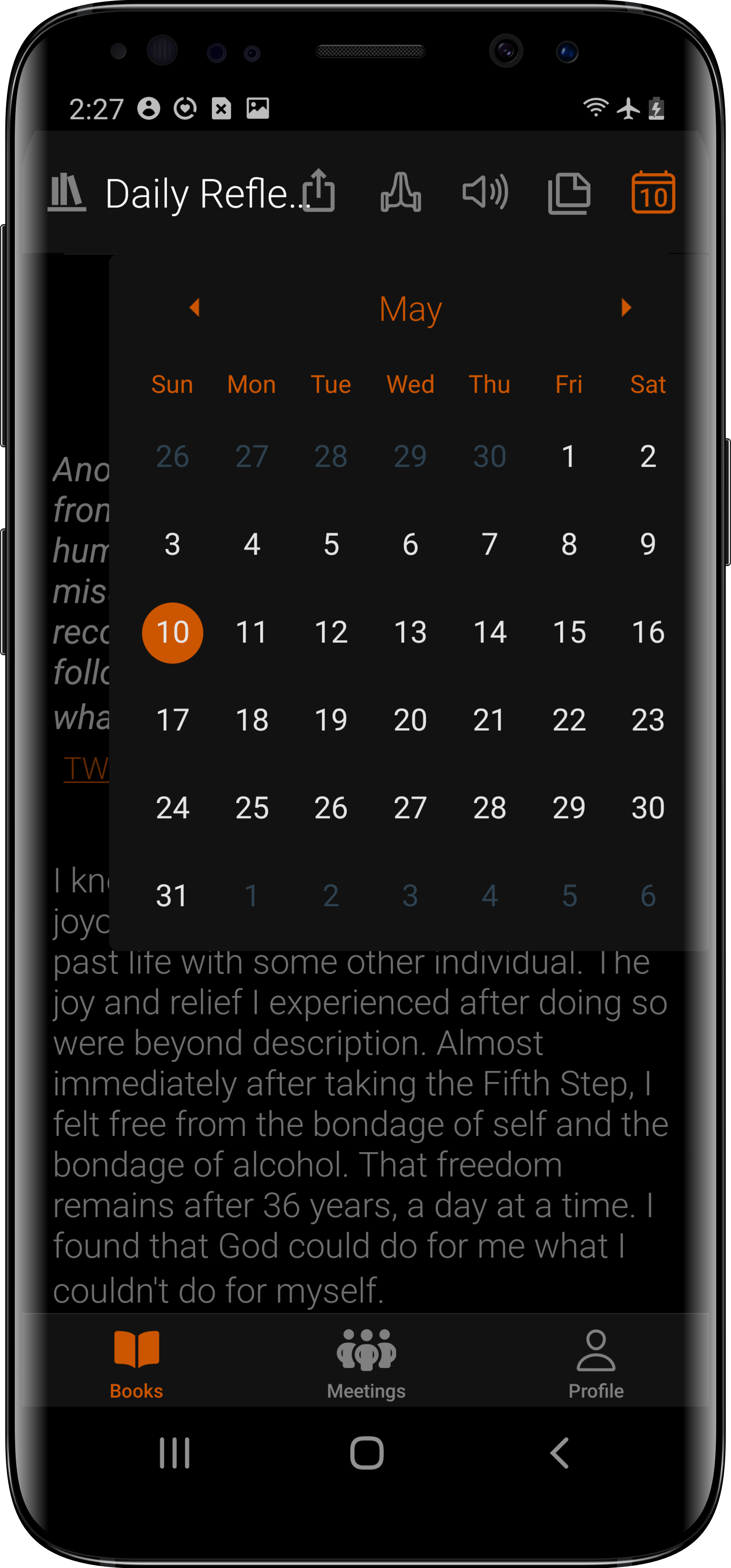 Calendario de Reflexiones Diarias en Android en SoberHub — cualquier día del año
