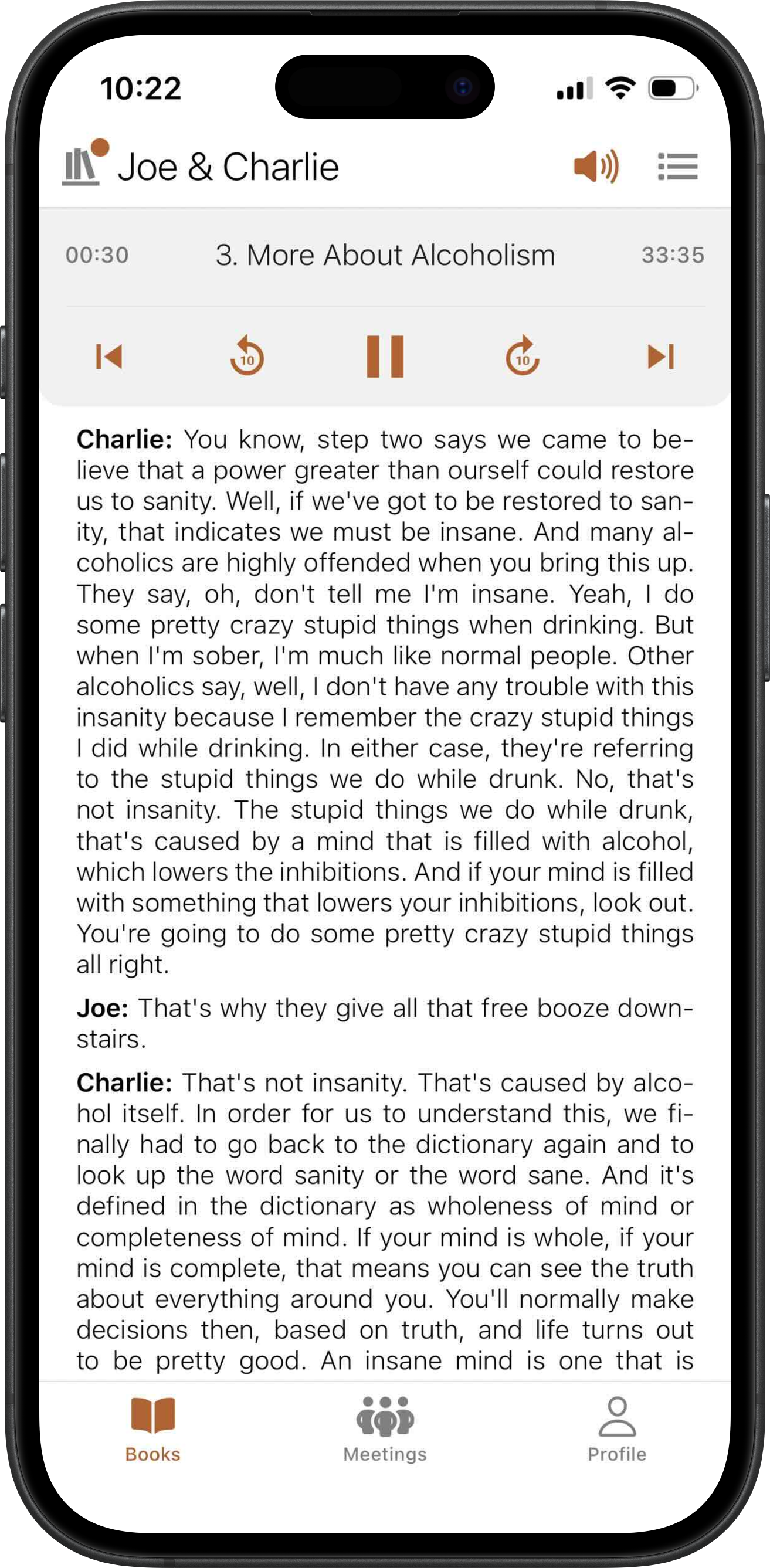 SoberHub on iPhone showing the Joe & Charlie audio player