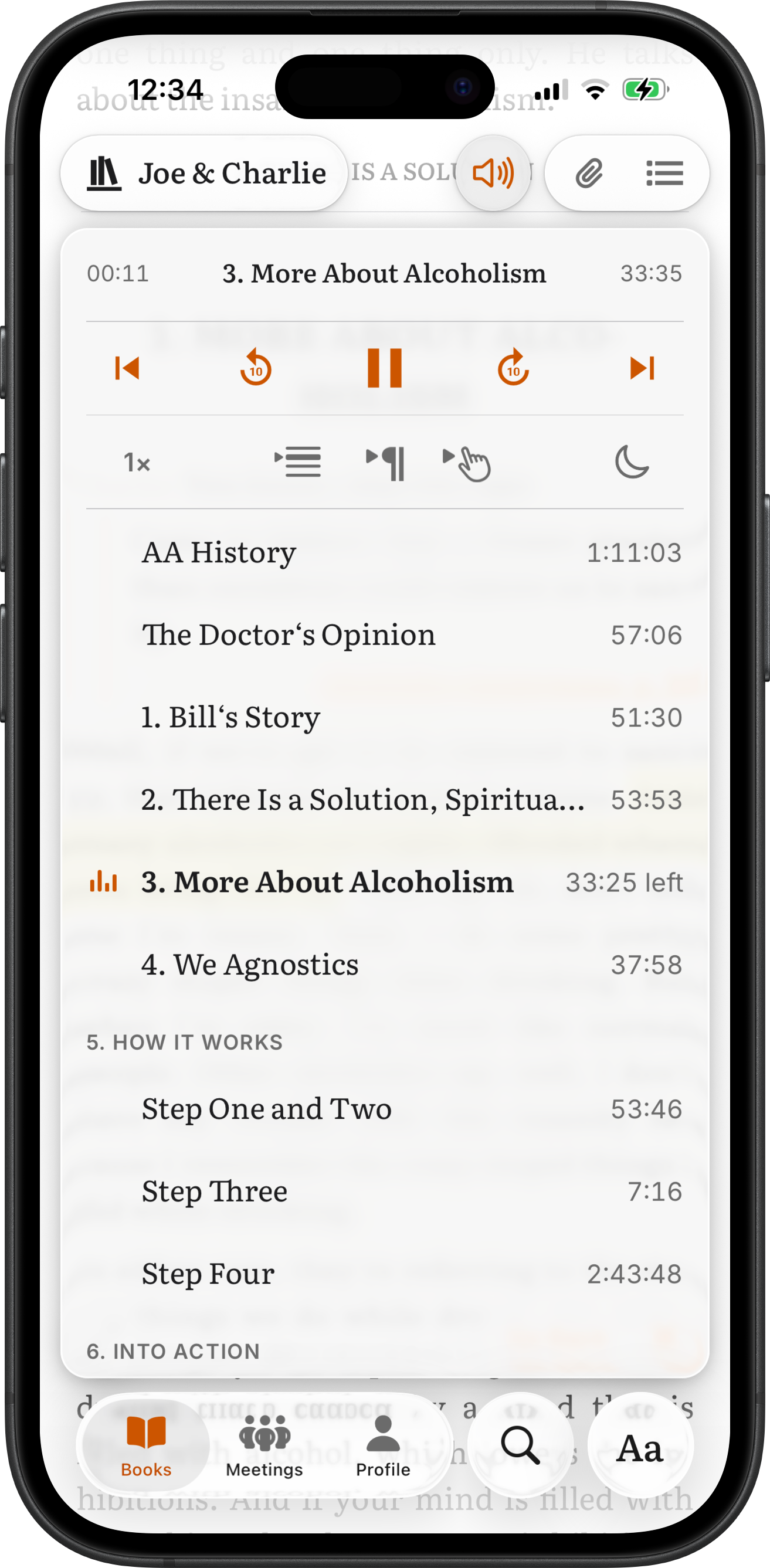 SoberHub on iPhone showing the Joe & Charlie audio player