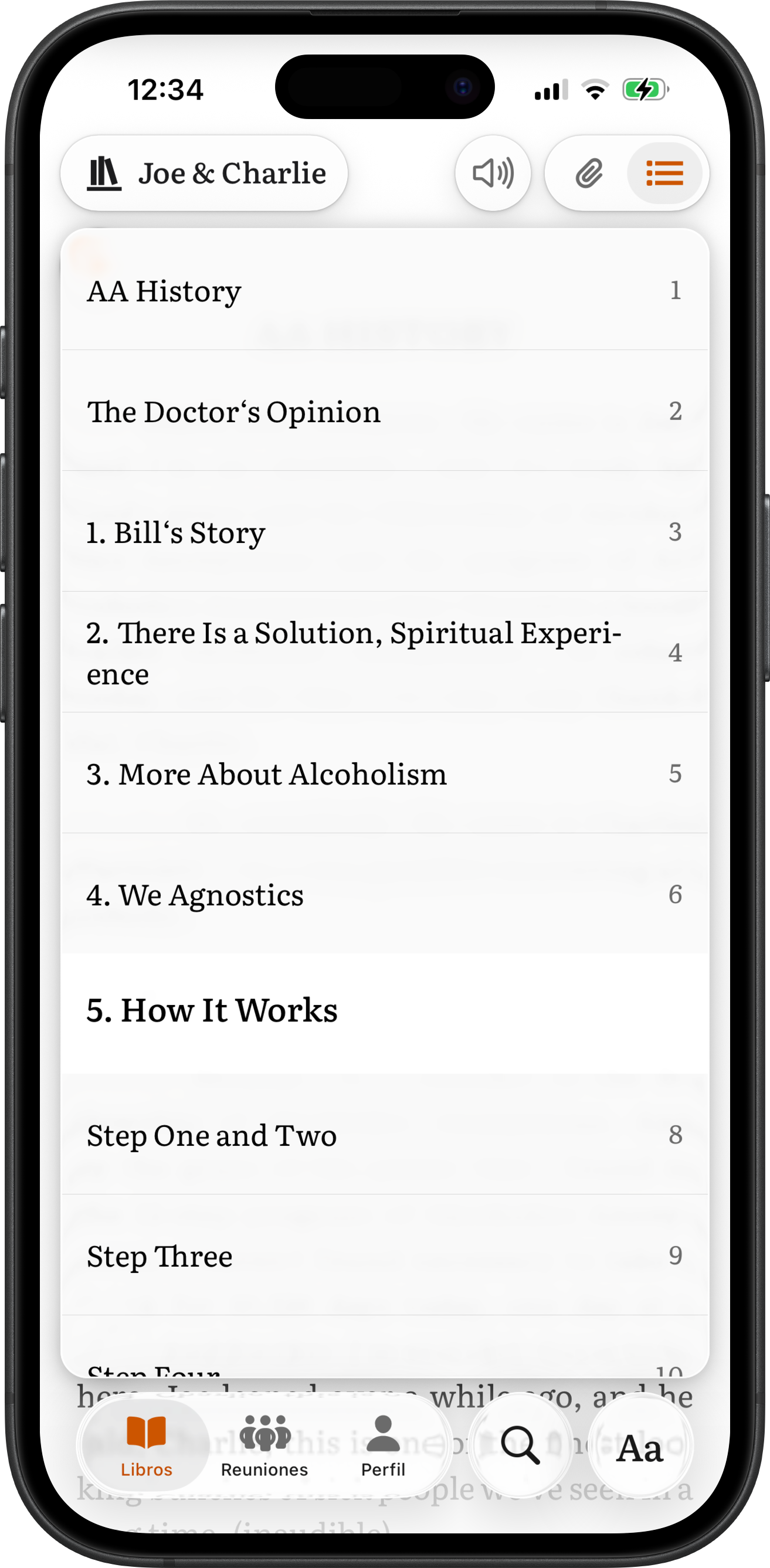 SoberHub en iPhone mostrando la lista de sesiones de Joe & Charlie con botones de reproducción