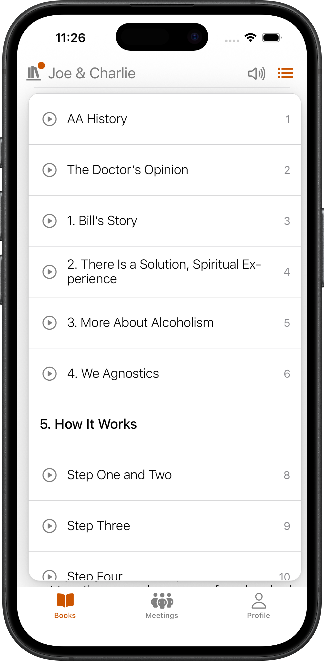 SoberHub on iPhone showing the Joe & Charlie session list with play buttons