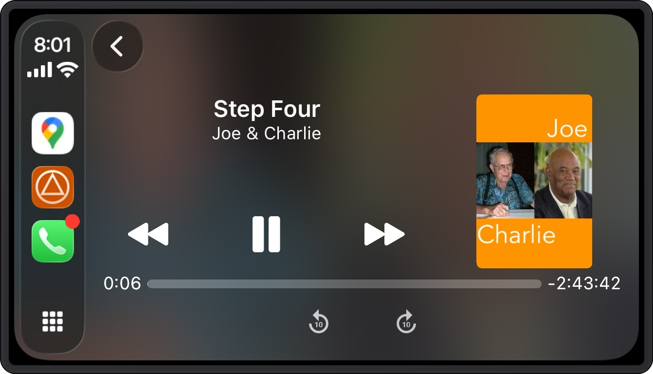 CarPlay Now Playing Joe & Charlie in SoberHub