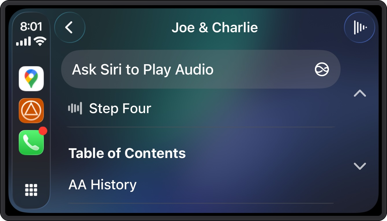CarPlay screen showing Joe & Charlie track list in SoberHub