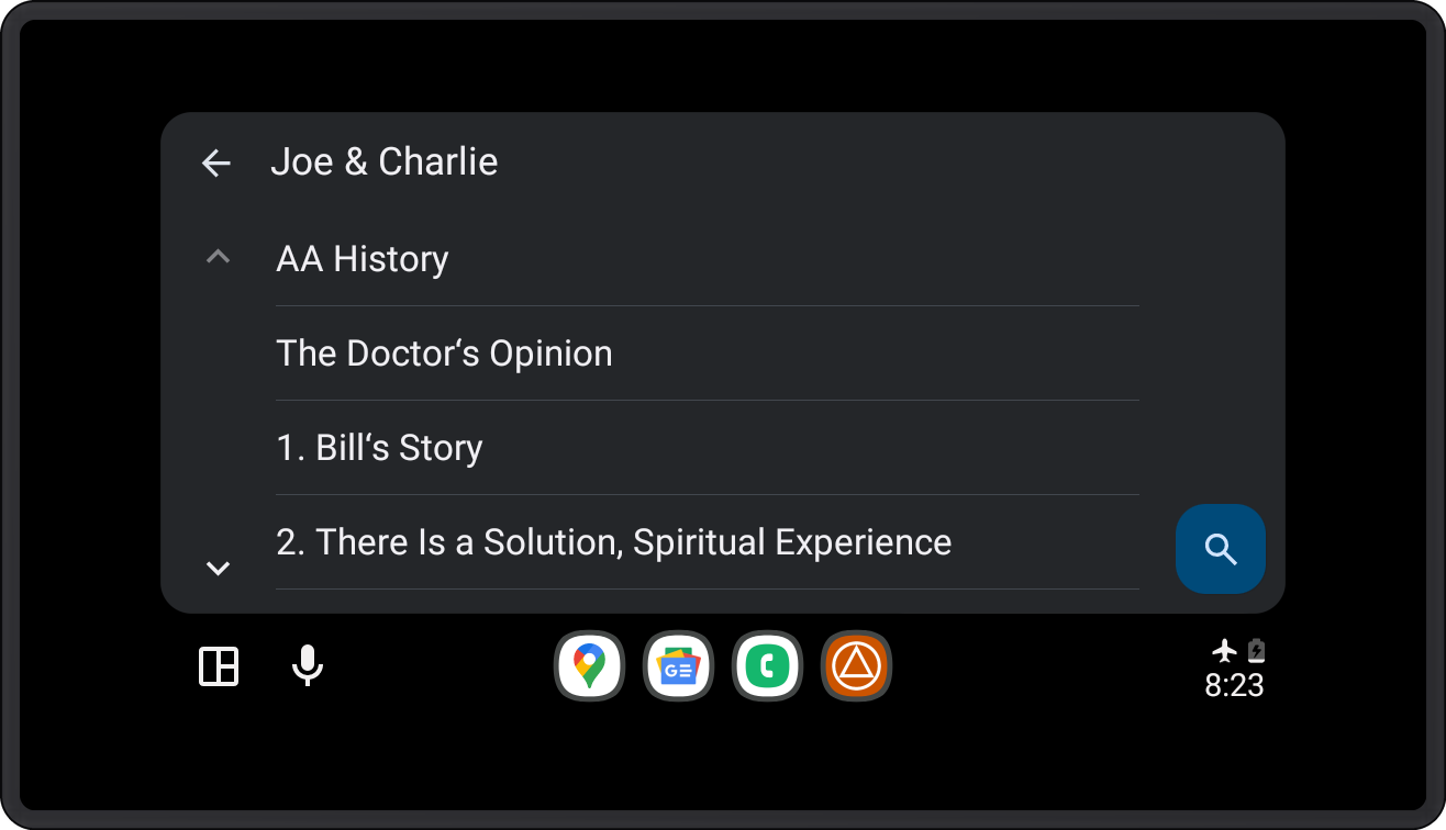 Android Auto screen showing Joe & Charlie audio track list