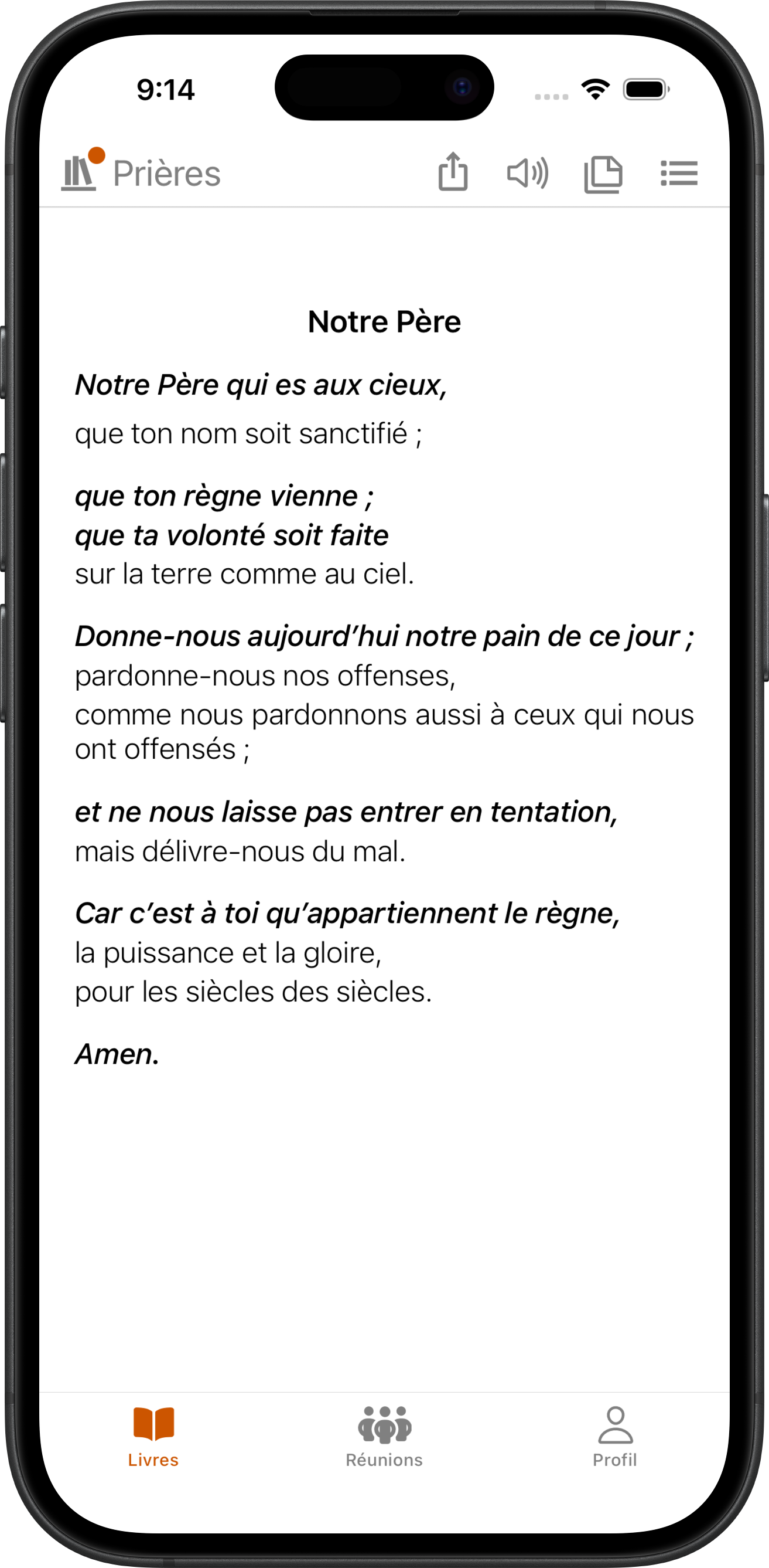Application SoberHub affichant le Notre Père