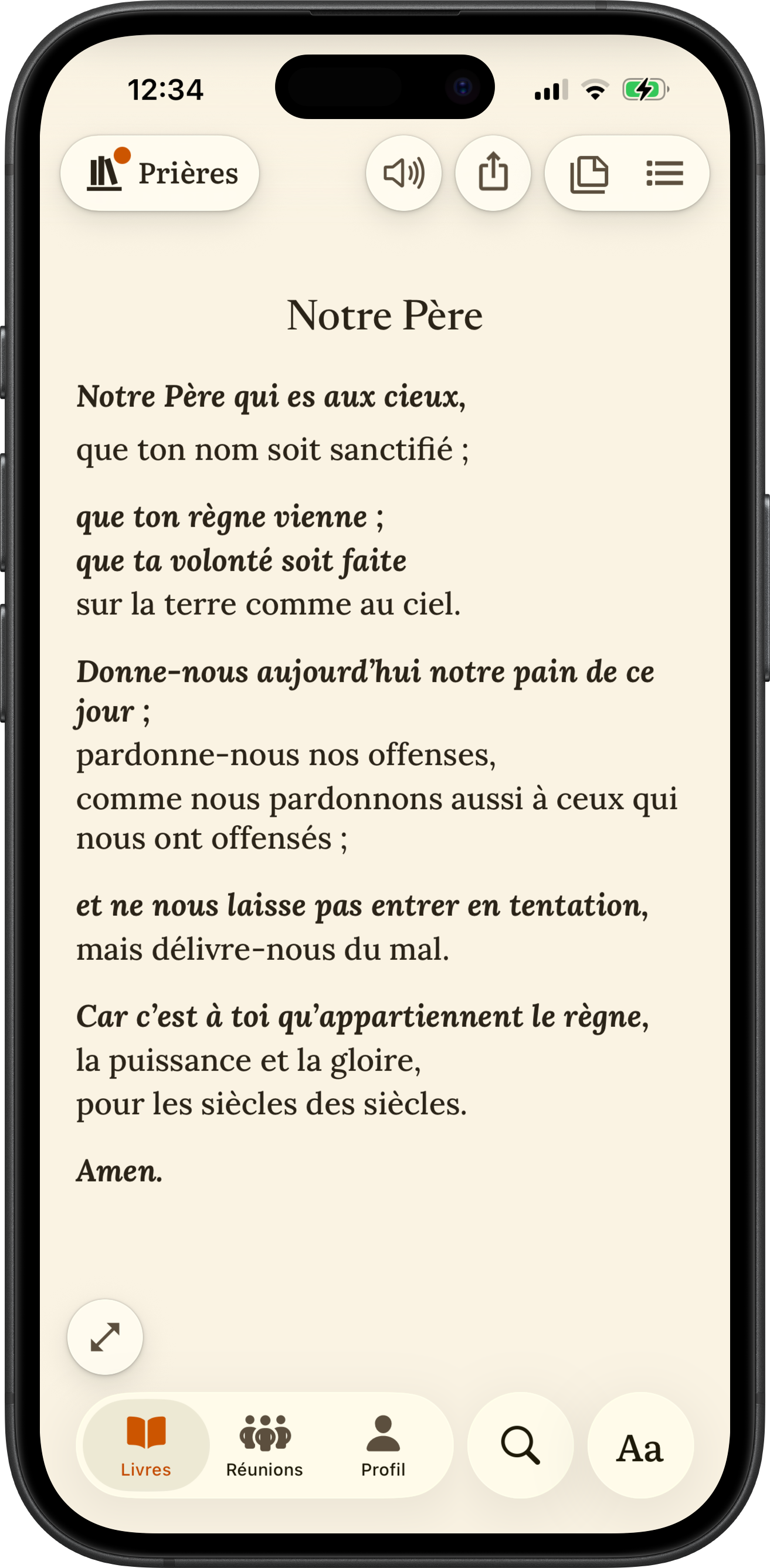 Application SoberHub affichant le Notre Père