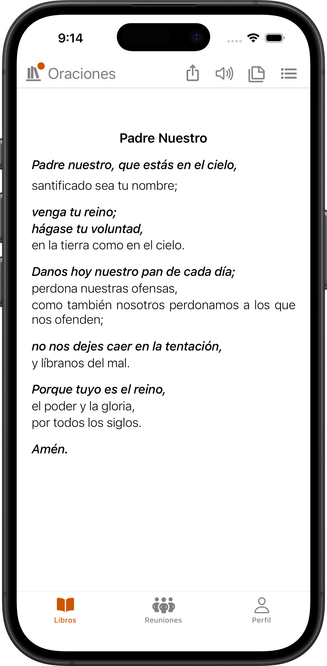 App SoberHub mostrando el Padre Nuestro
