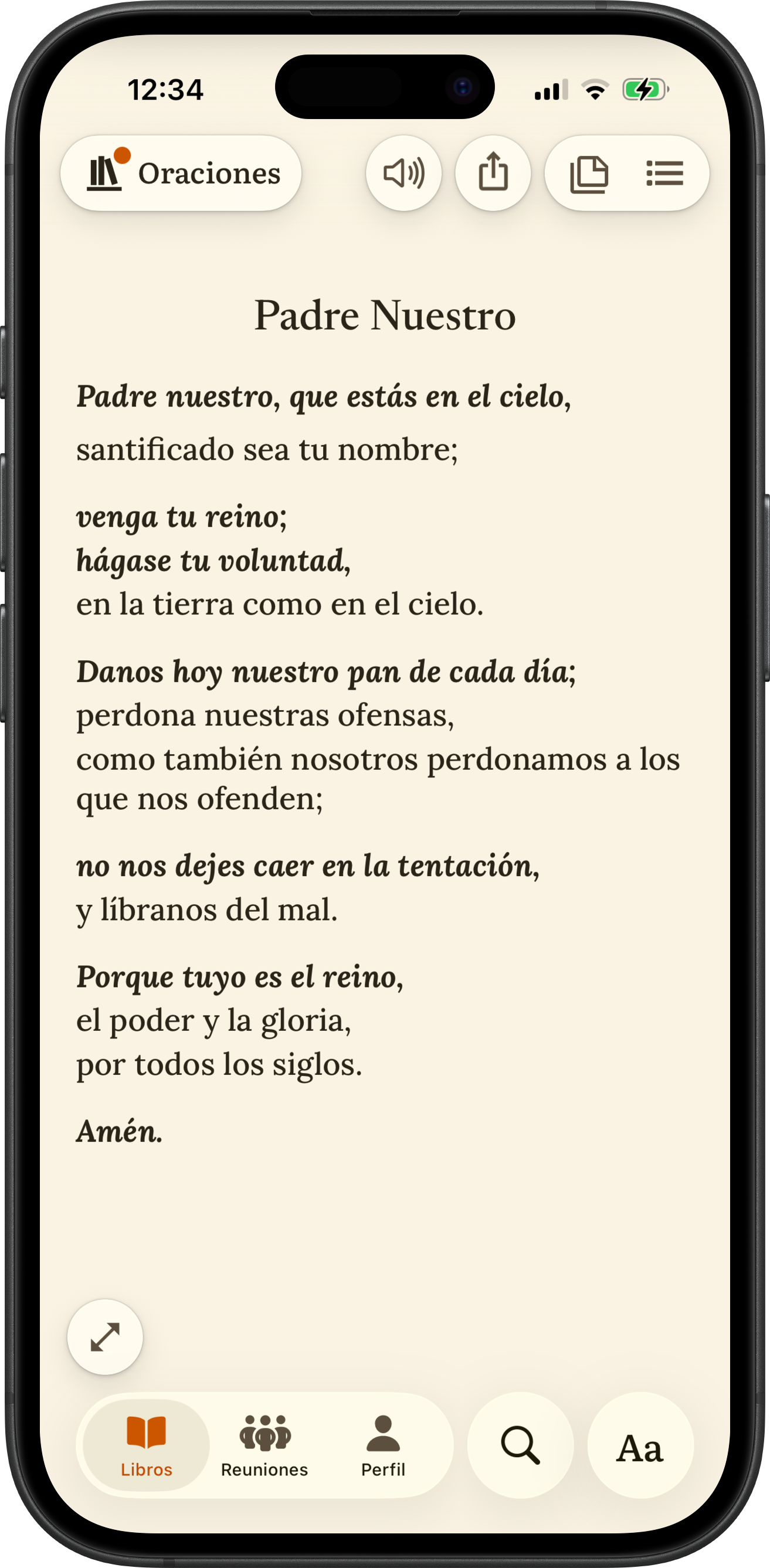 App SoberHub mostrando el Padre Nuestro