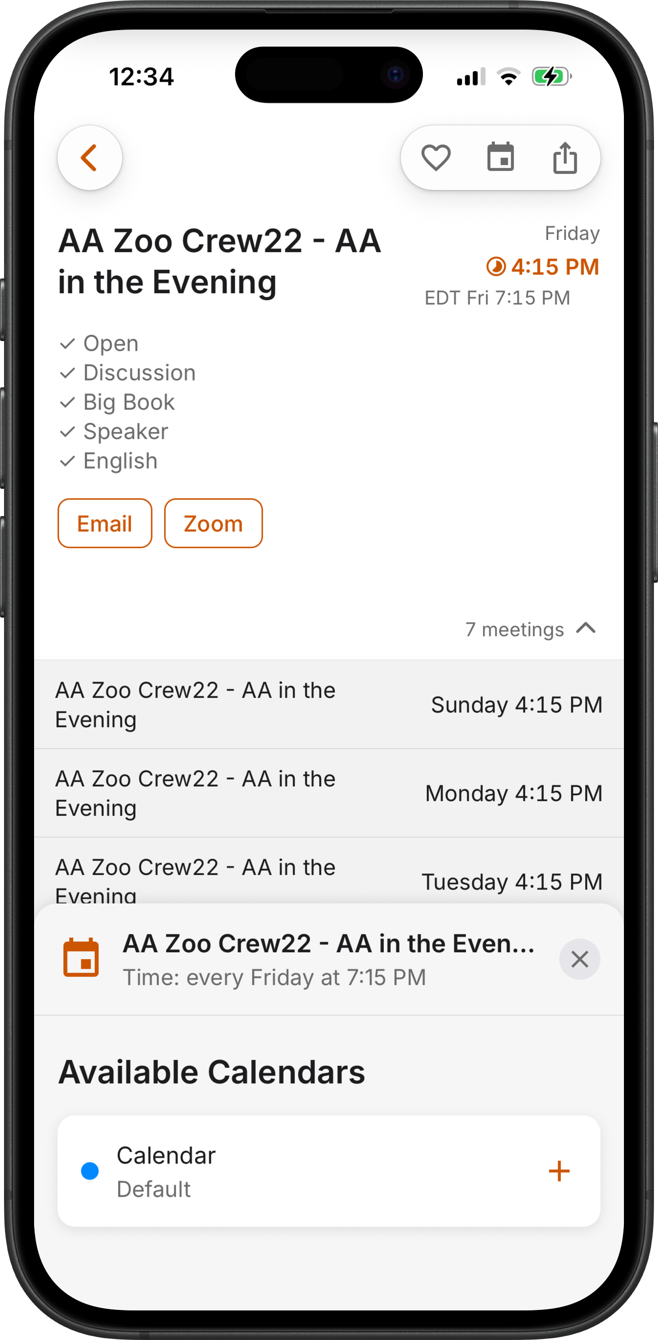 Meeting details with Add to Calendar in SoberHub