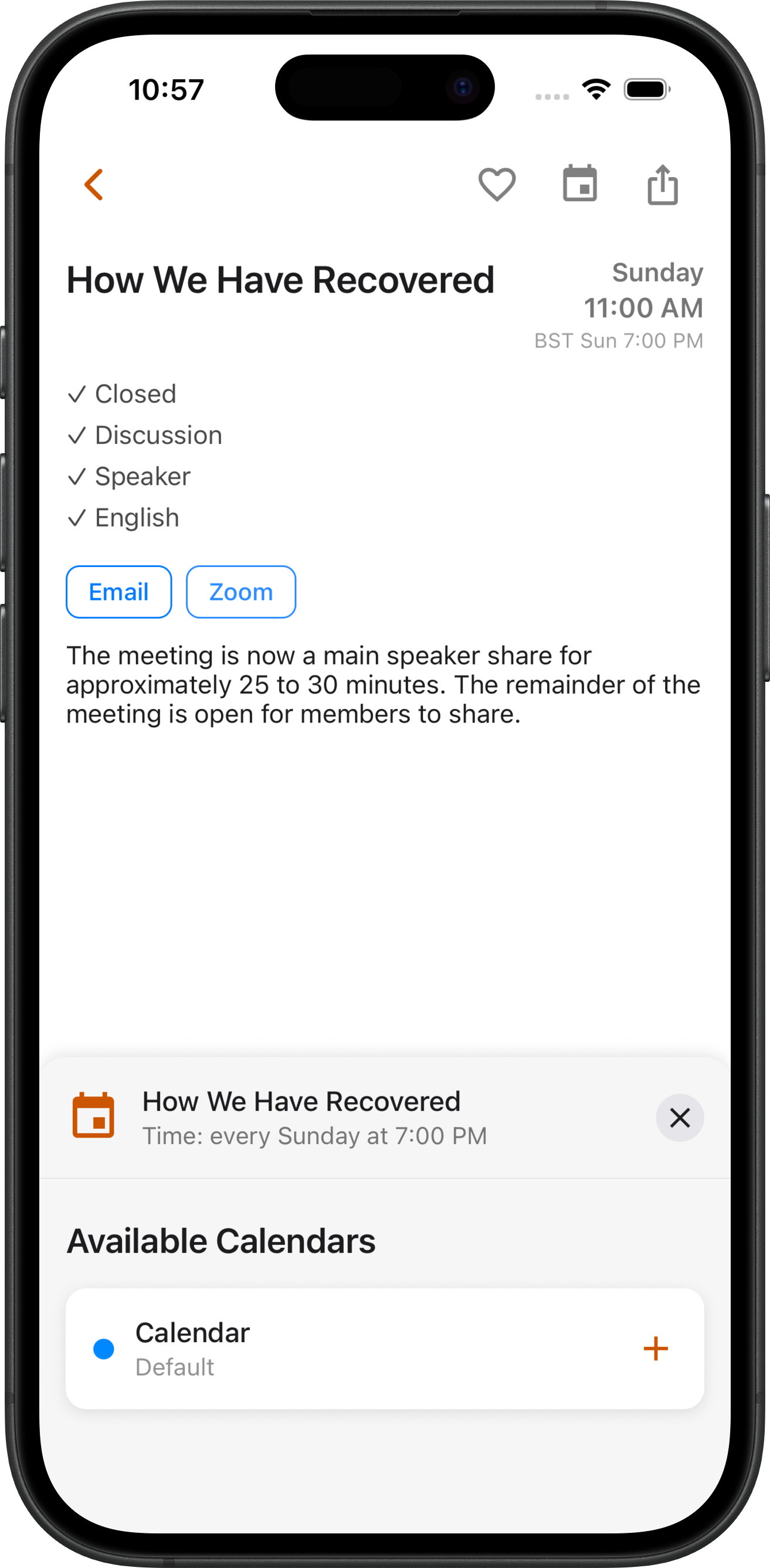 Detalles de la reunión con Añadir al calendario en SoberHub