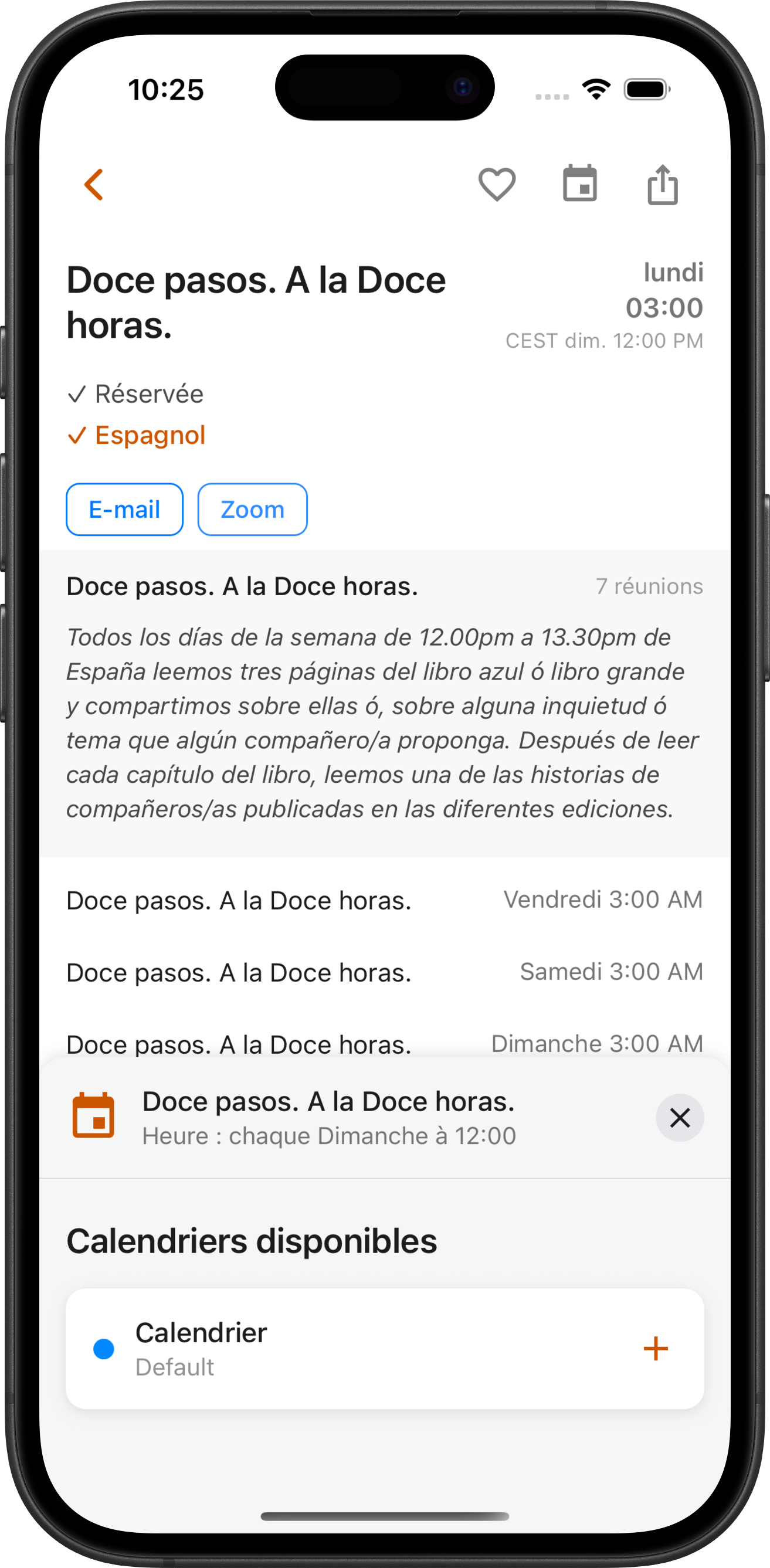 Détails de réunion avec Ajouter au calendrier dans SoberHub
